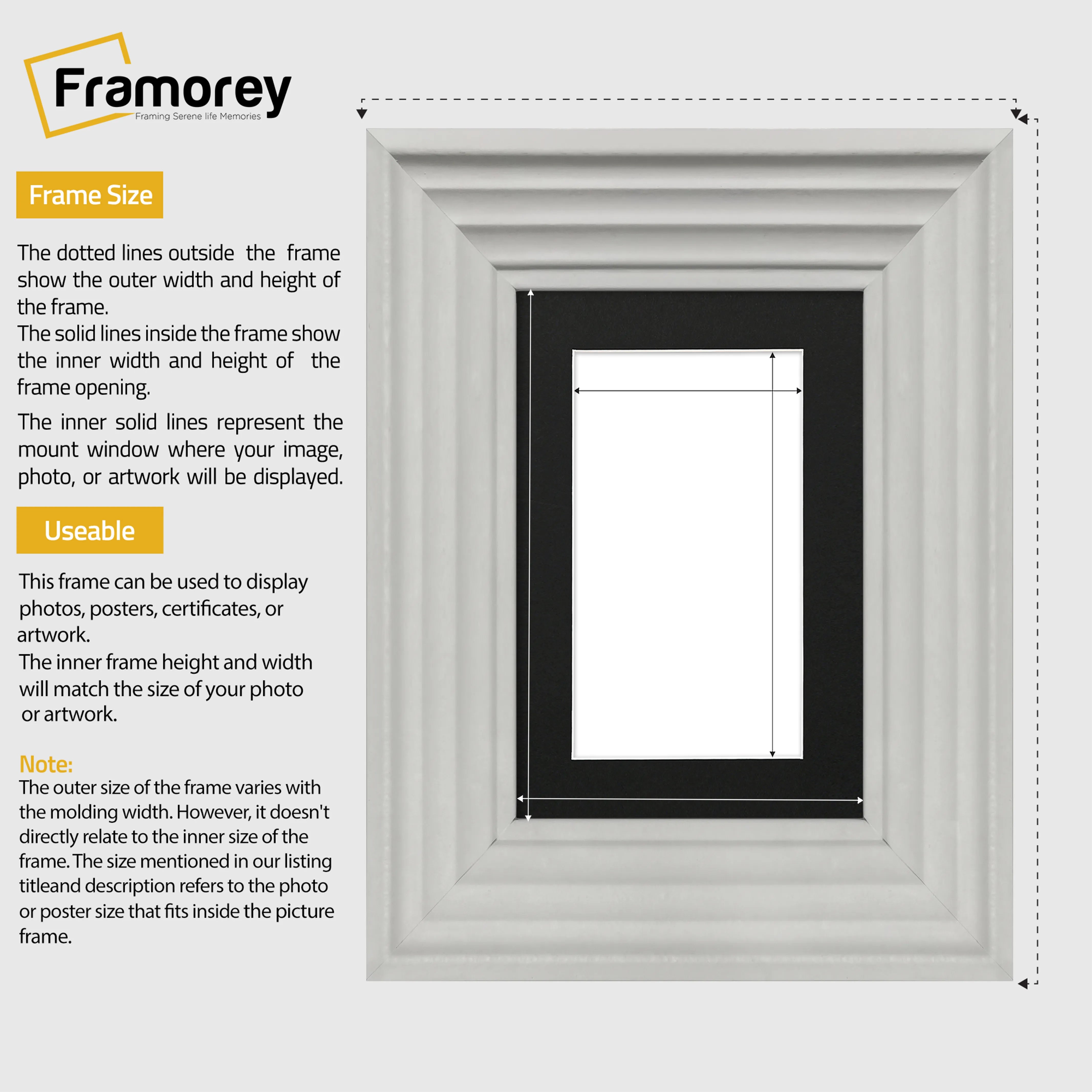 White Wooden Picture Frames Big Step Style, With Black Mount