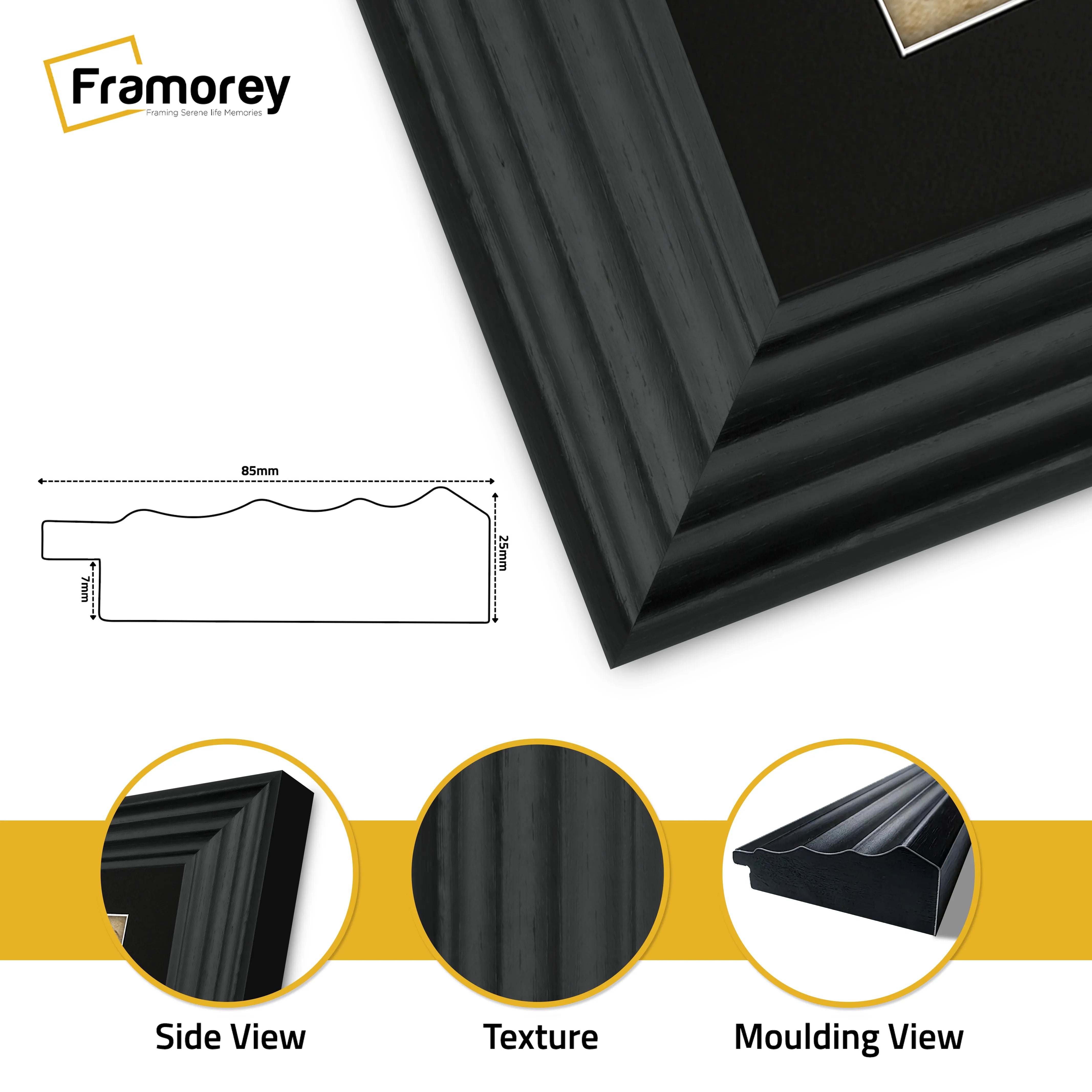 Square Black Wooden Picture Frame Big Step Style with Black Mount
