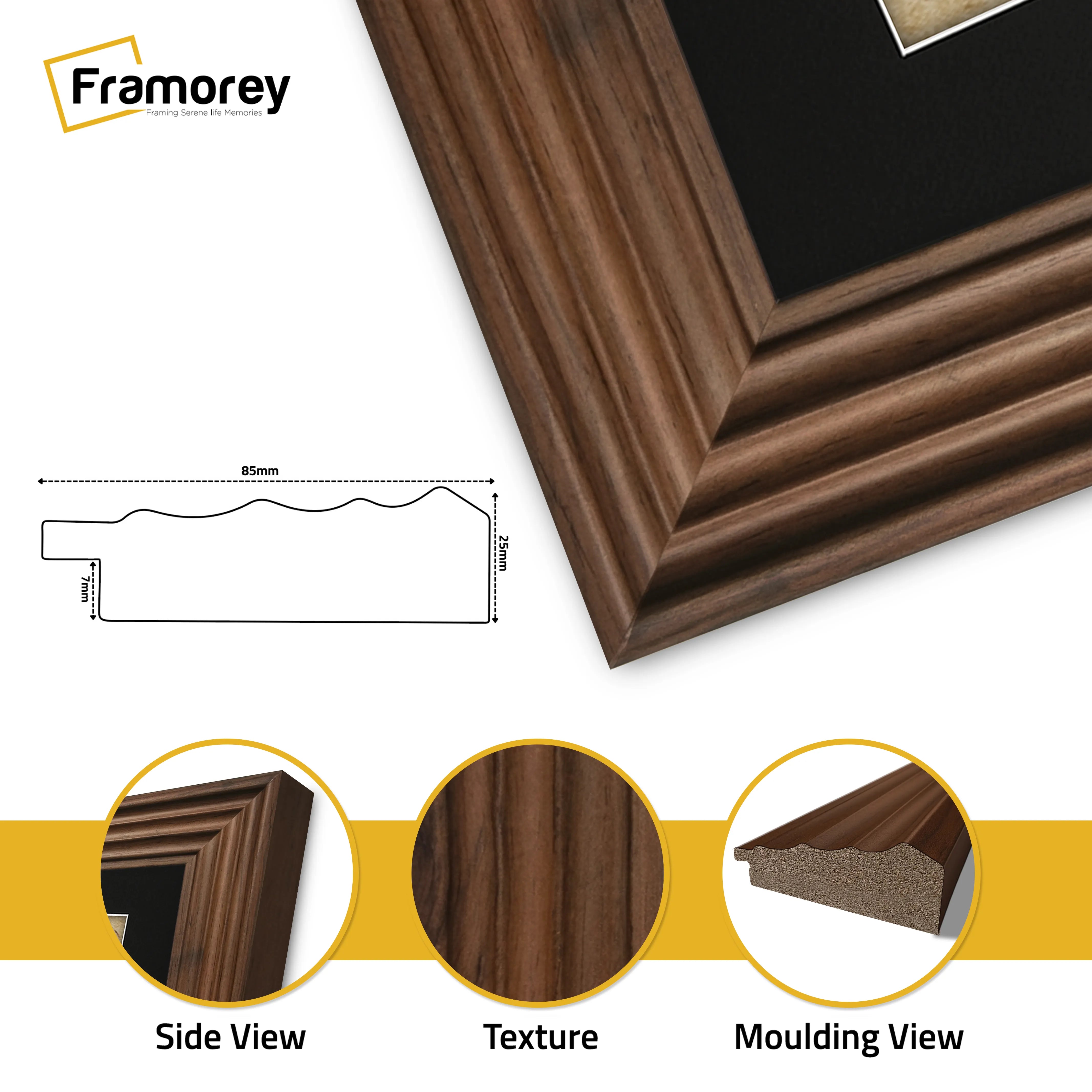 Square Walnut Wooden Picture Frame Big Step Style with Black Mount