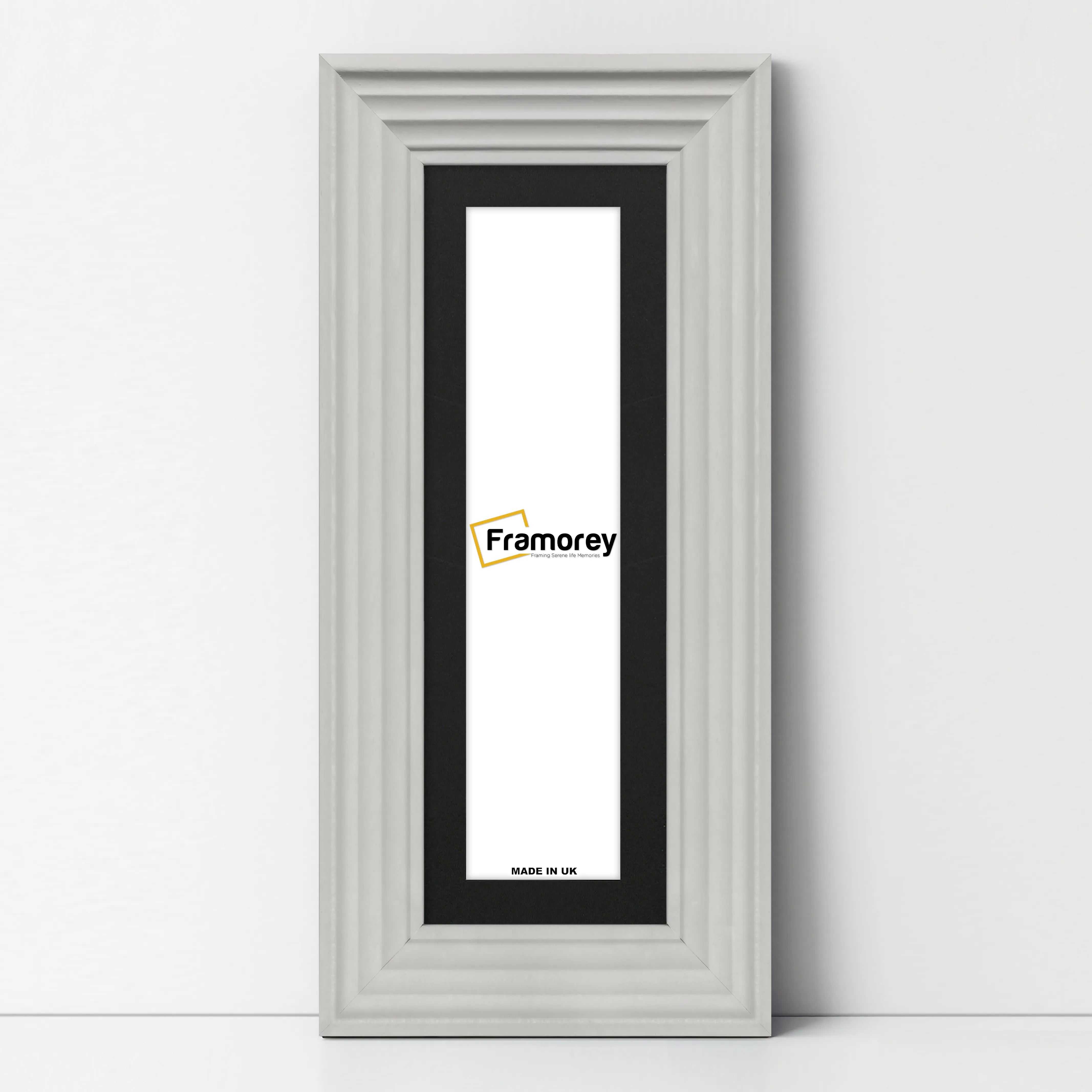 Panoramic Size White Wooden Picture Frame Big Step Style, With Black Mount