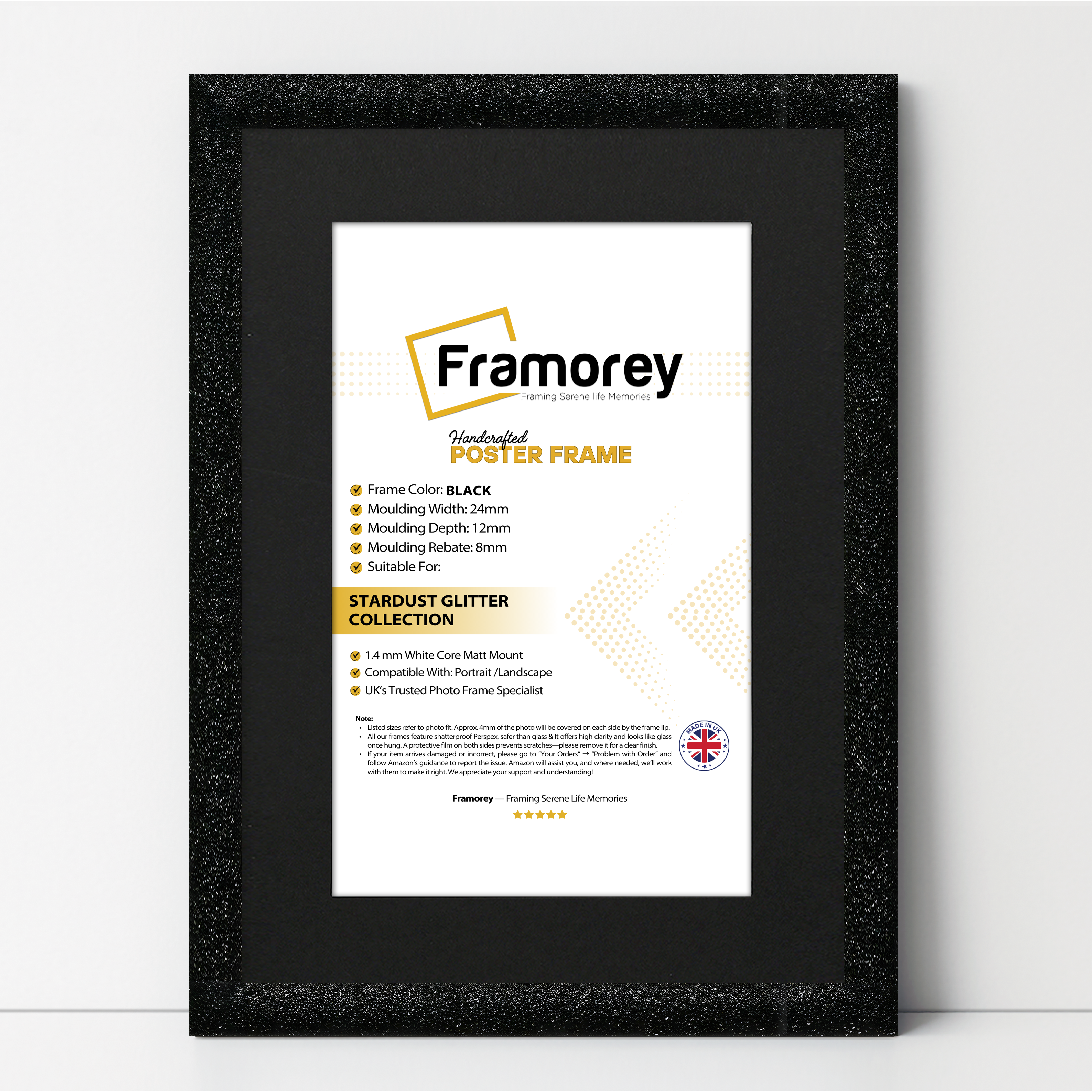 Glitter Sparkle Black Picture Frame Photo Print Frame With Black Mount