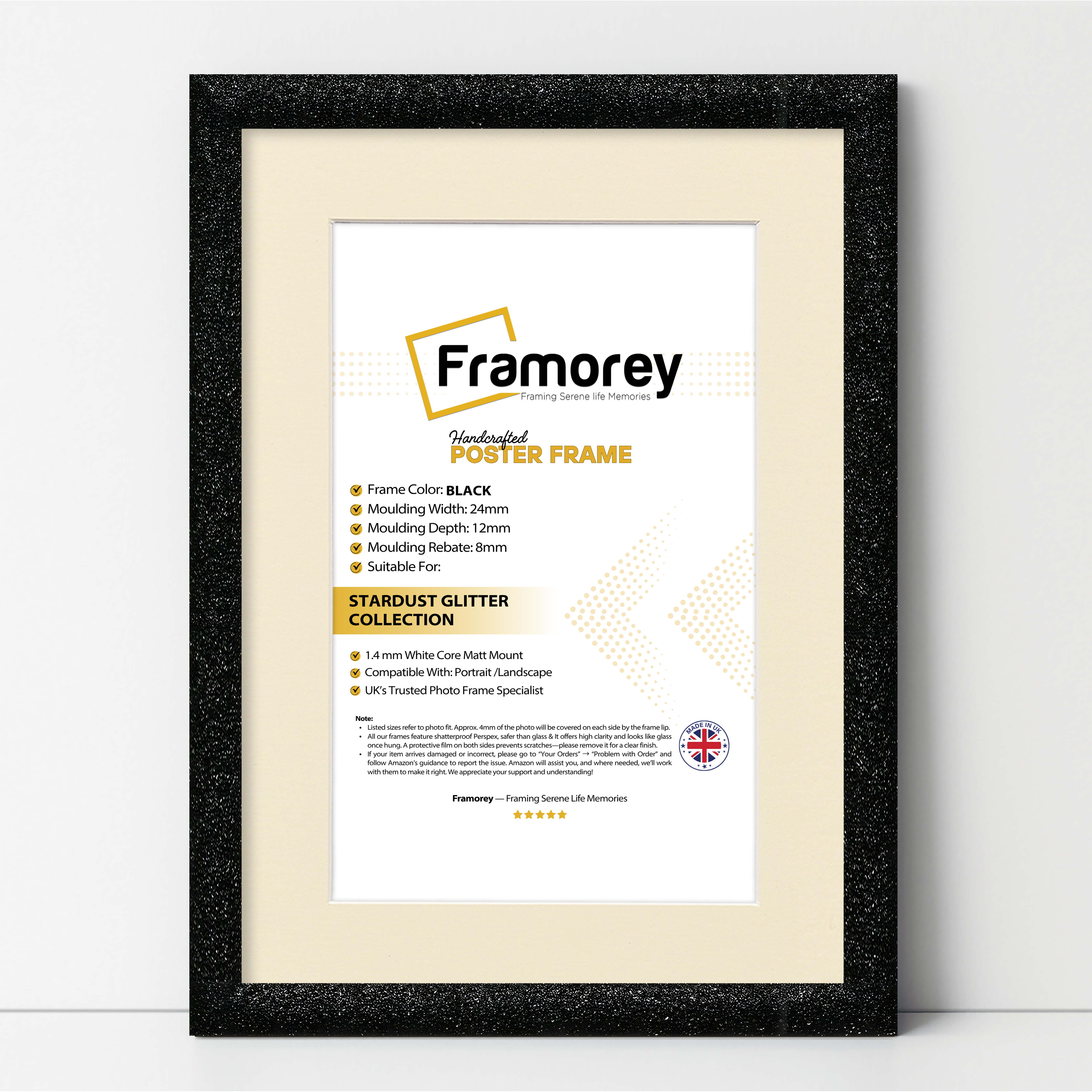 Glitter Sparkle Black Picture Frame Photo Print Frame With Ivory Mount