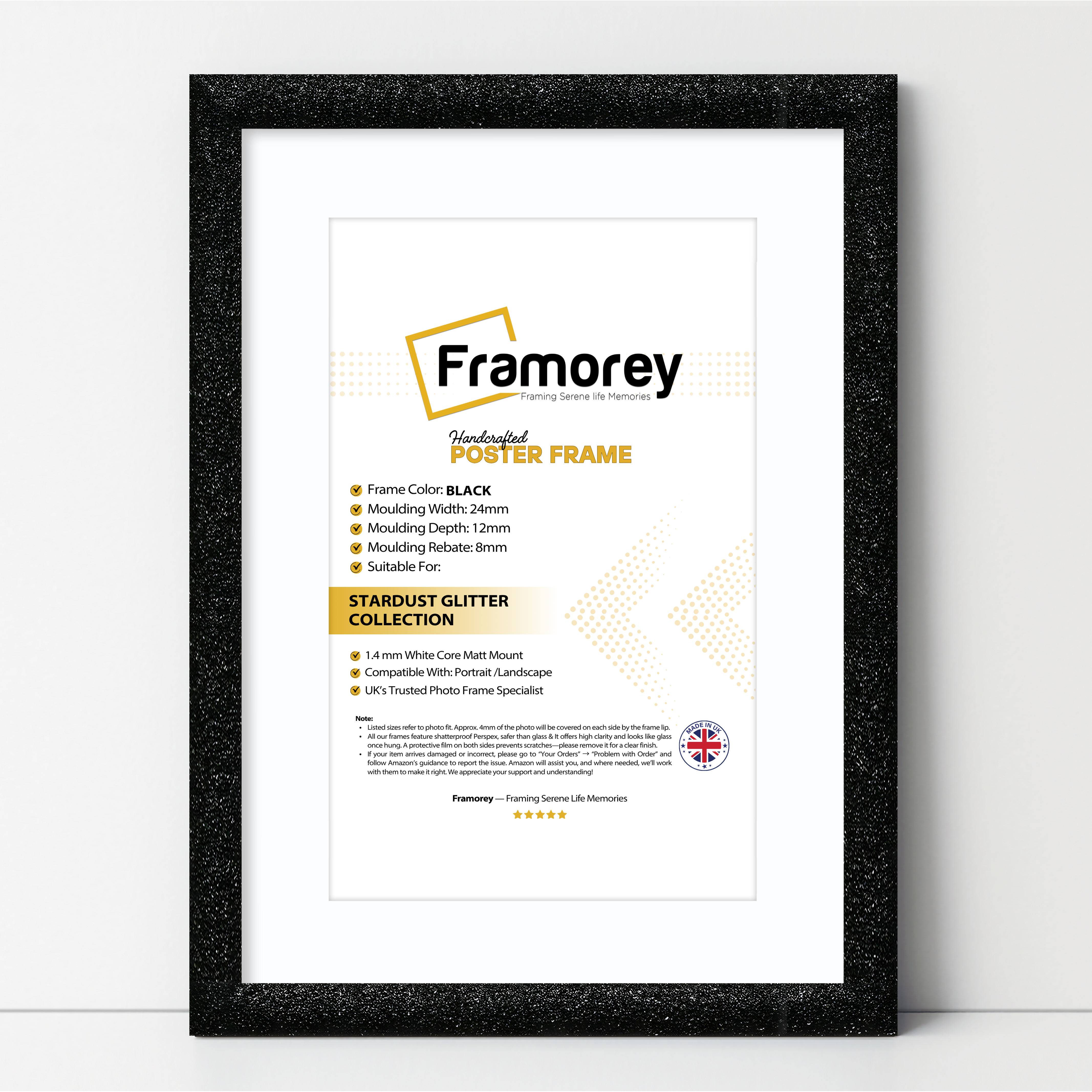 Glitter Sparkle Black Picture Frame Photo Print Frame With White Mount