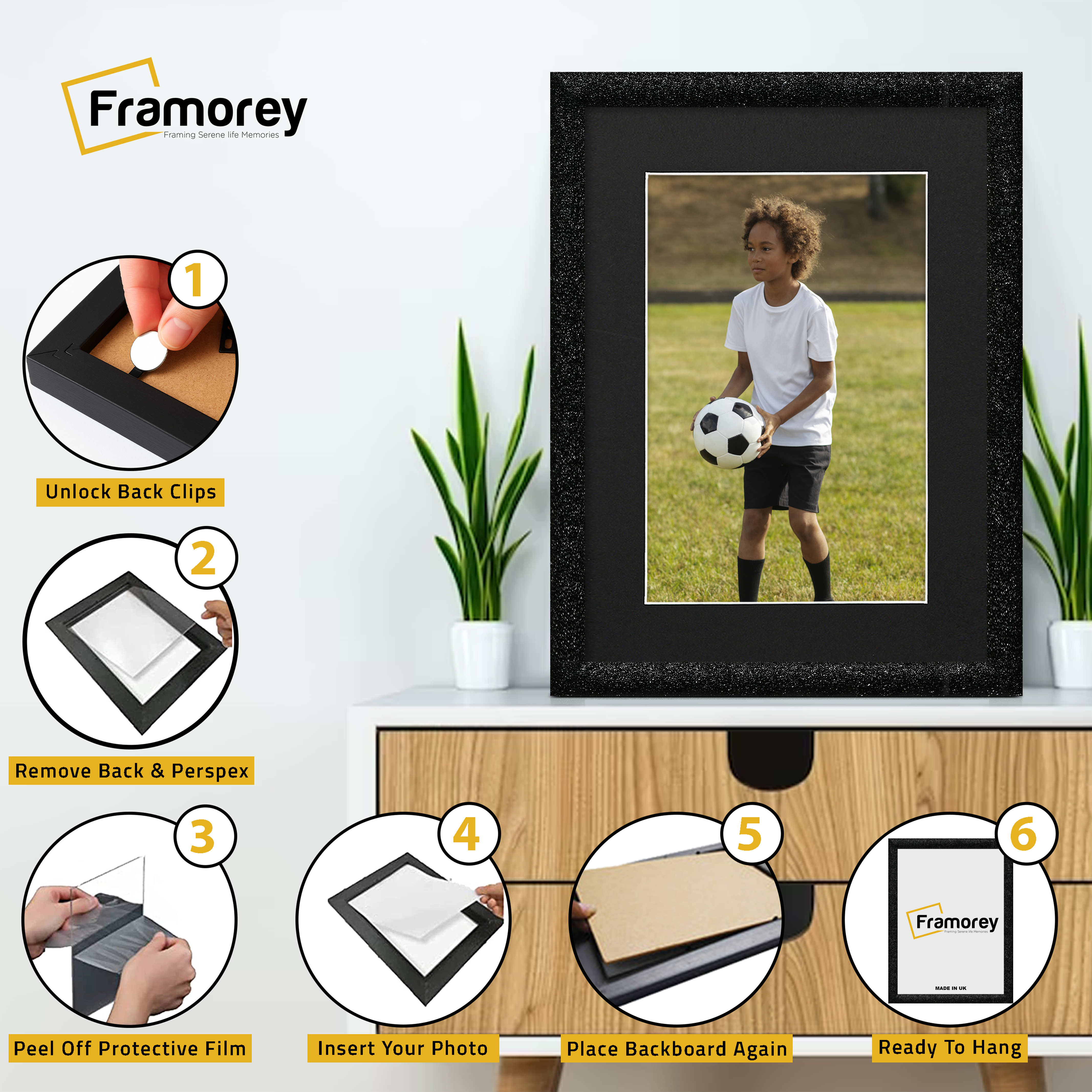 Step-by-step guide showing how to insert a photo into a Black picture frame