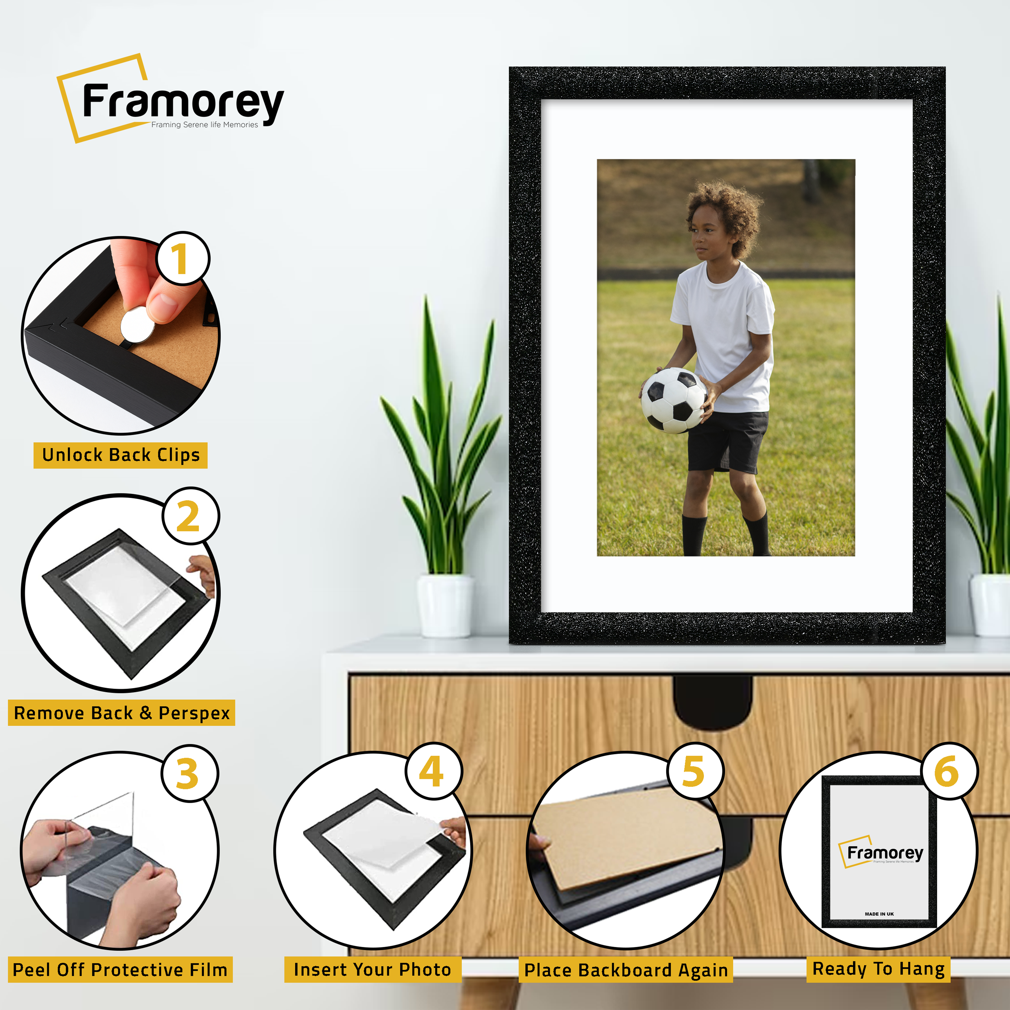 Glitter Sparkle Black Picture Frame Photo Print Frame With White Mount