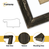  black vintage distressed picture frame white mount showing textured aged finish, side view and molding view