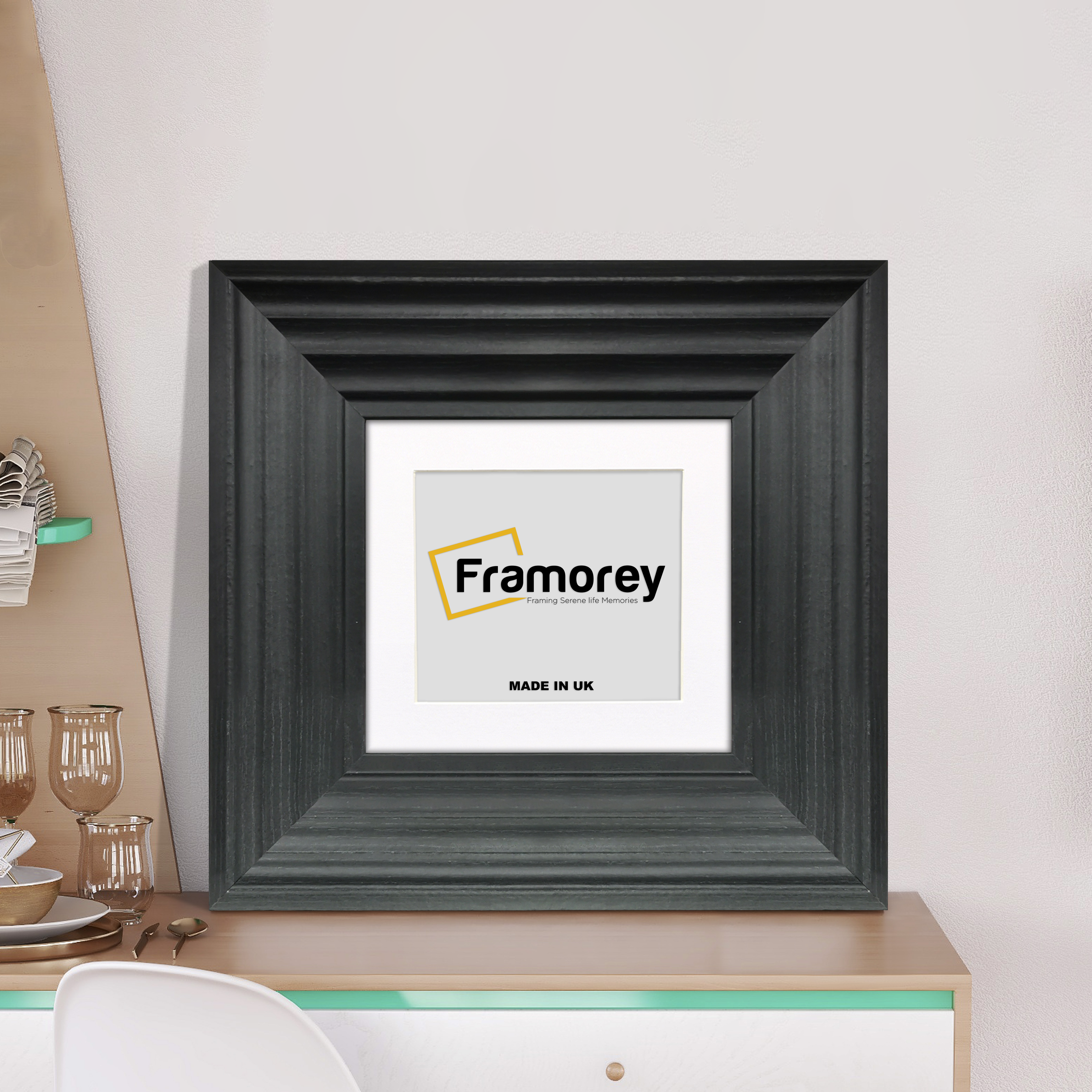 Square Black Wooden Picture Frame Big Step Style with White Mount