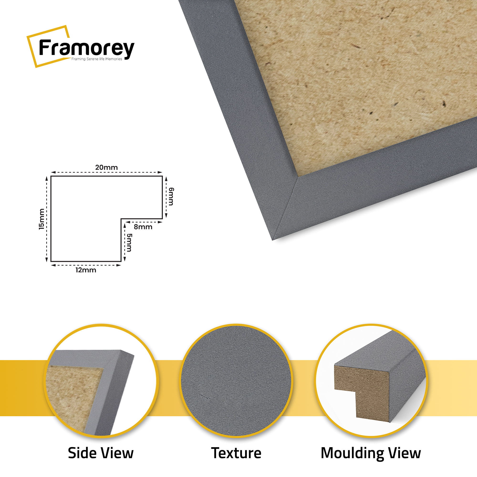 close view of dark grey Poster frame featuring side view texture and molding view