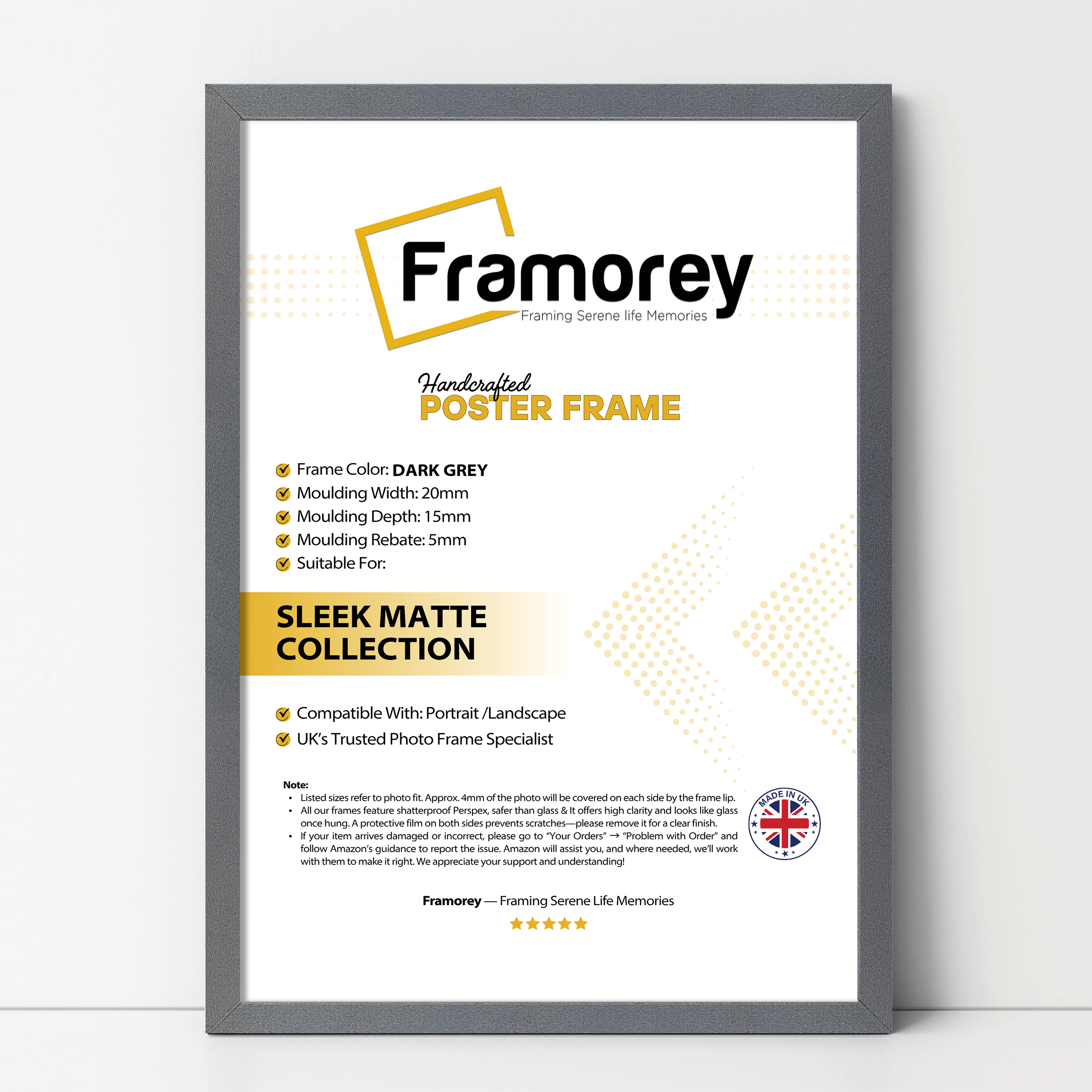 thin matt dark grey picture frame shown from front view on a plain white surface standing with a wall