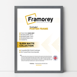 thin matt dark grey picture frame shown from front view on a plain white surface standing with a wall