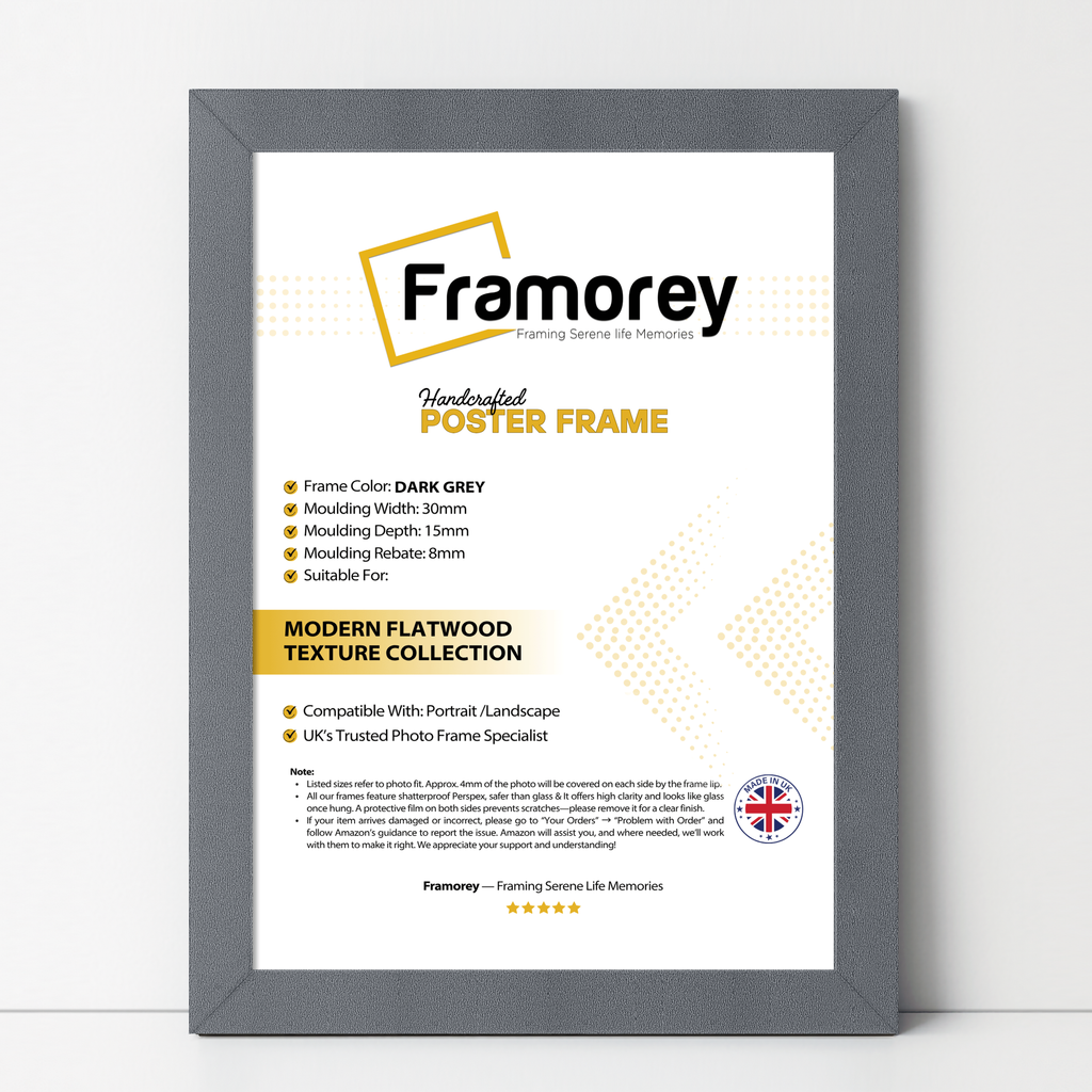 Dark Grey Picture Frame Wall Decor Frames standing with the wall on a wooden floor with some detail on its measurement.