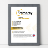 Dark Grey Picture Frame Wall Decor Frames standing with the wall on a wooden floor with some detail on its measurement.