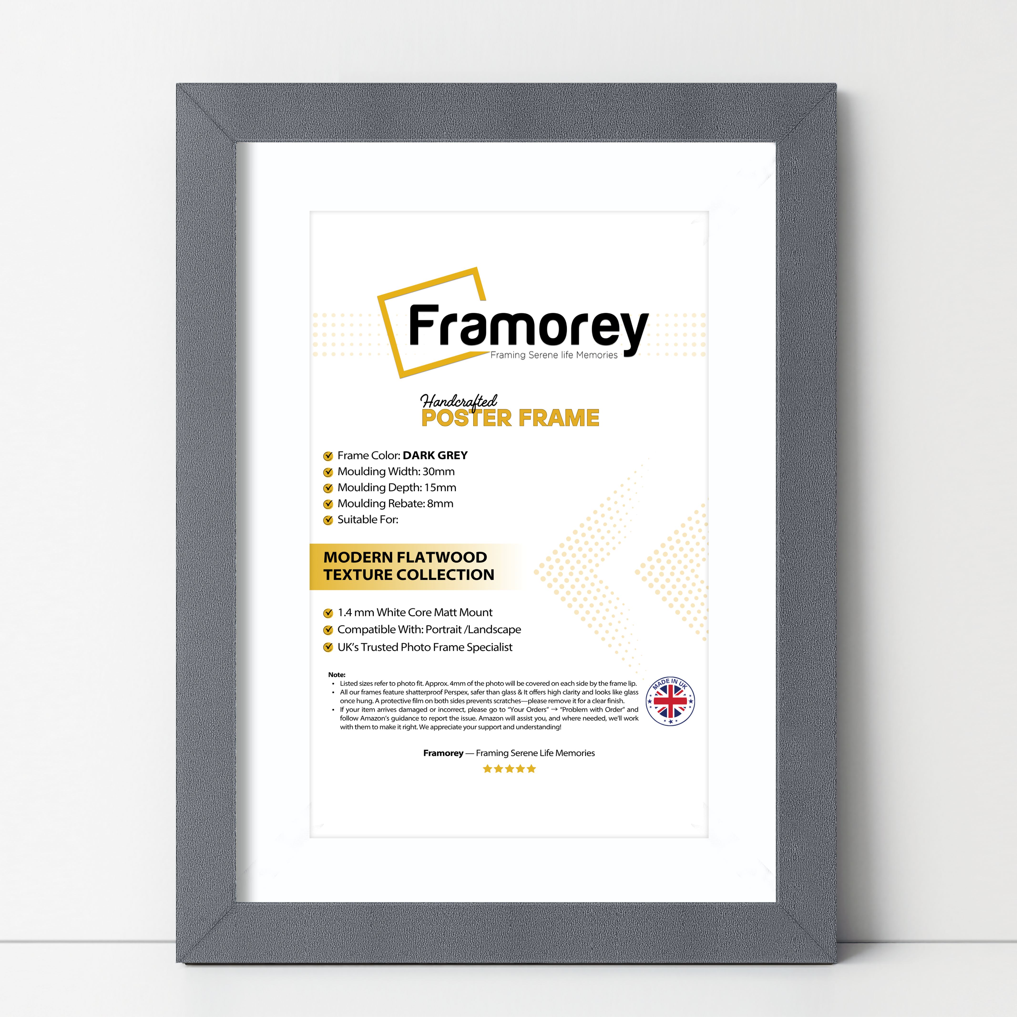 Dark Grey Picture Frame With White Mount with details on its left with a featured corner.