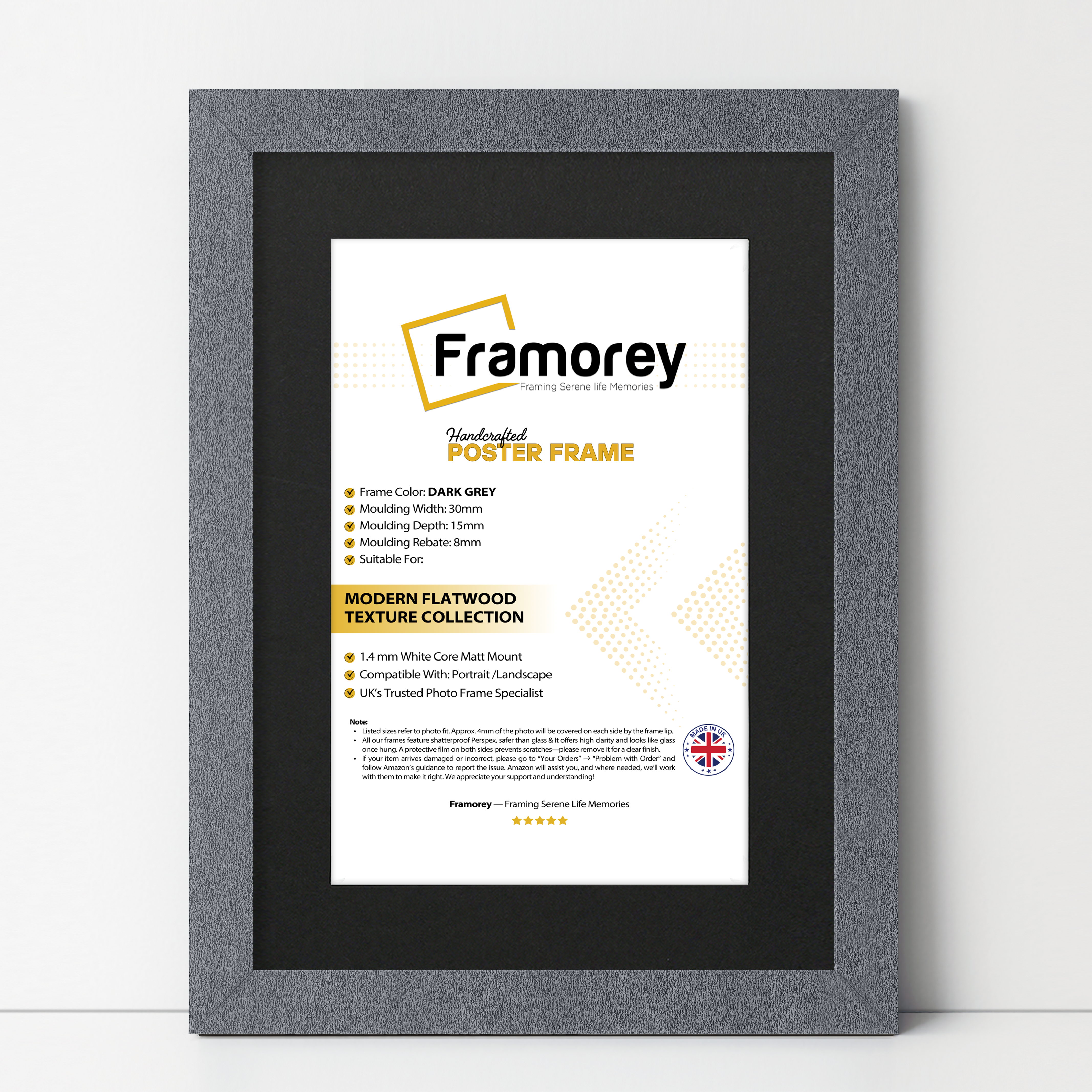 Dark Grey picture frame With Black Mount shown from front view on a plain white surface standing with a wall