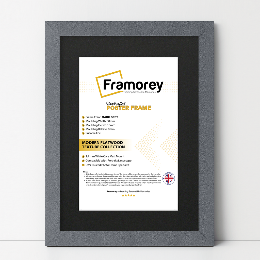 Dark Grey picture frame With Black Mount shown from front view on a plain white surface standing with a wall