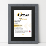 Dark Grey picture frame With Black Mount shown from front view on a plain white surface standing with a wall