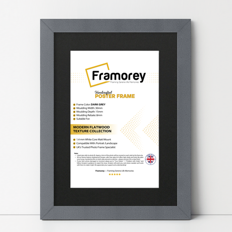 Dark Grey picture frame With Black Mount shown from front view on a plain white surface standing with a wall