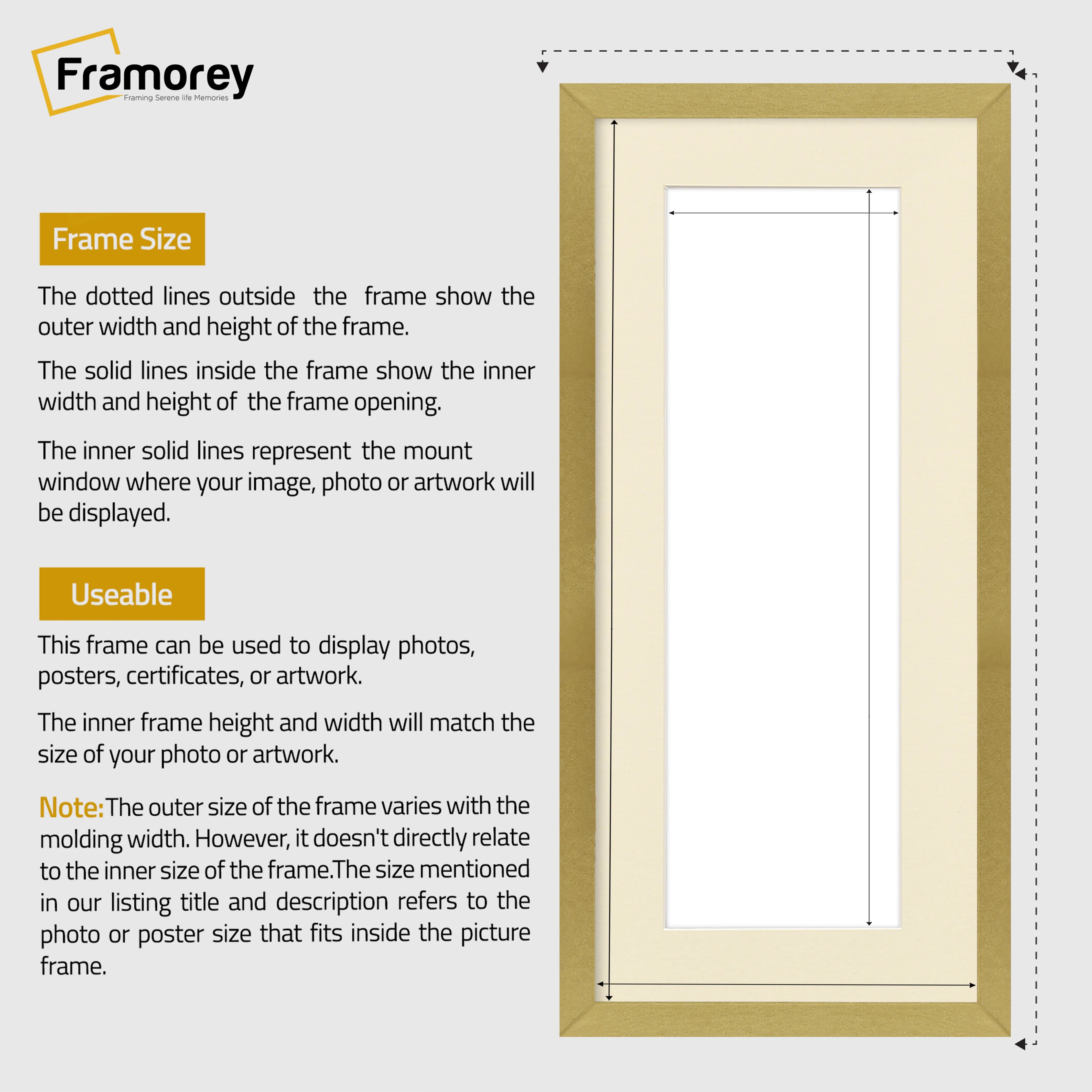 Thin Matt Panoramic Gold Pictures Frames With Ivory Mount