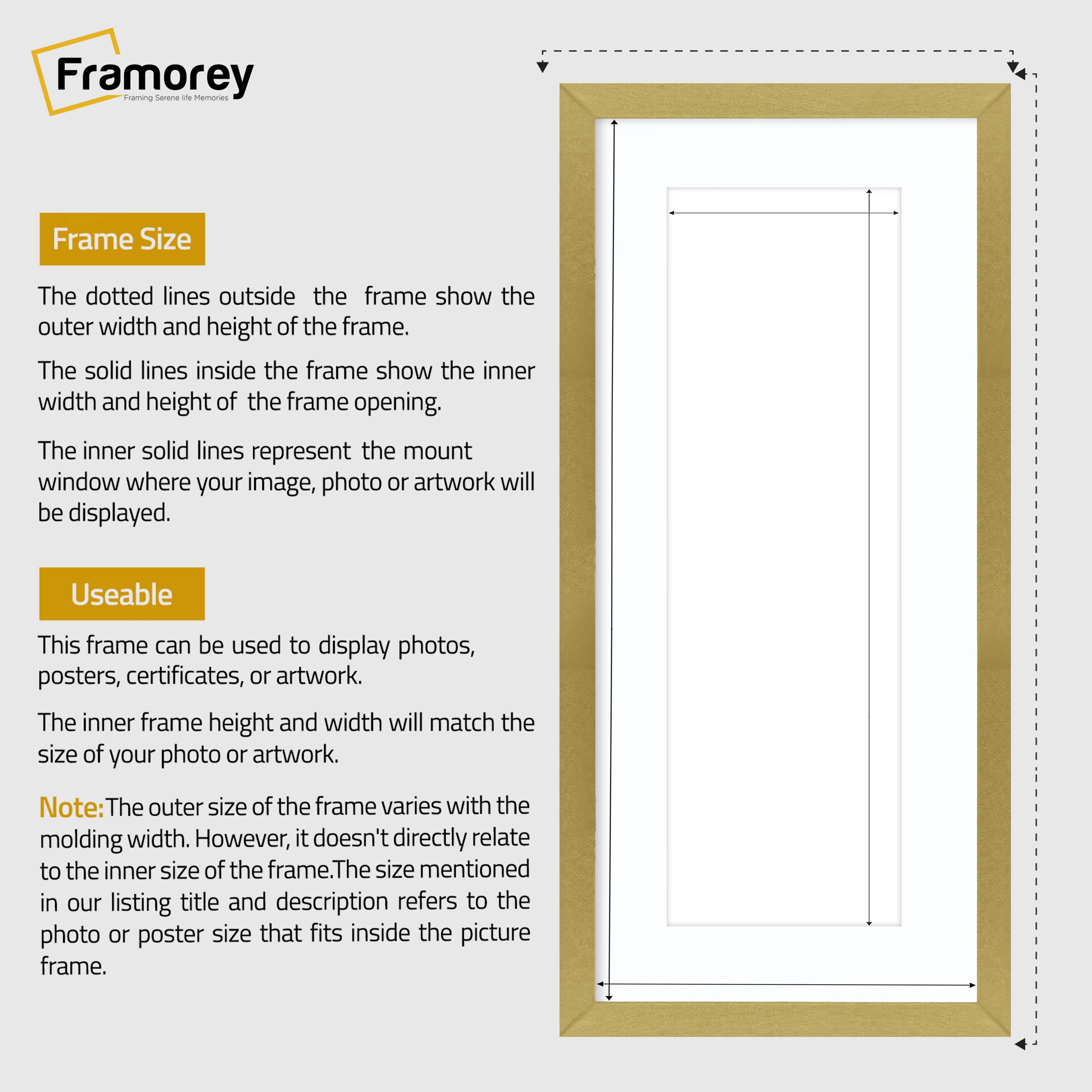 Thin Matt Panoramic Gold Pictures Frames With White Mount