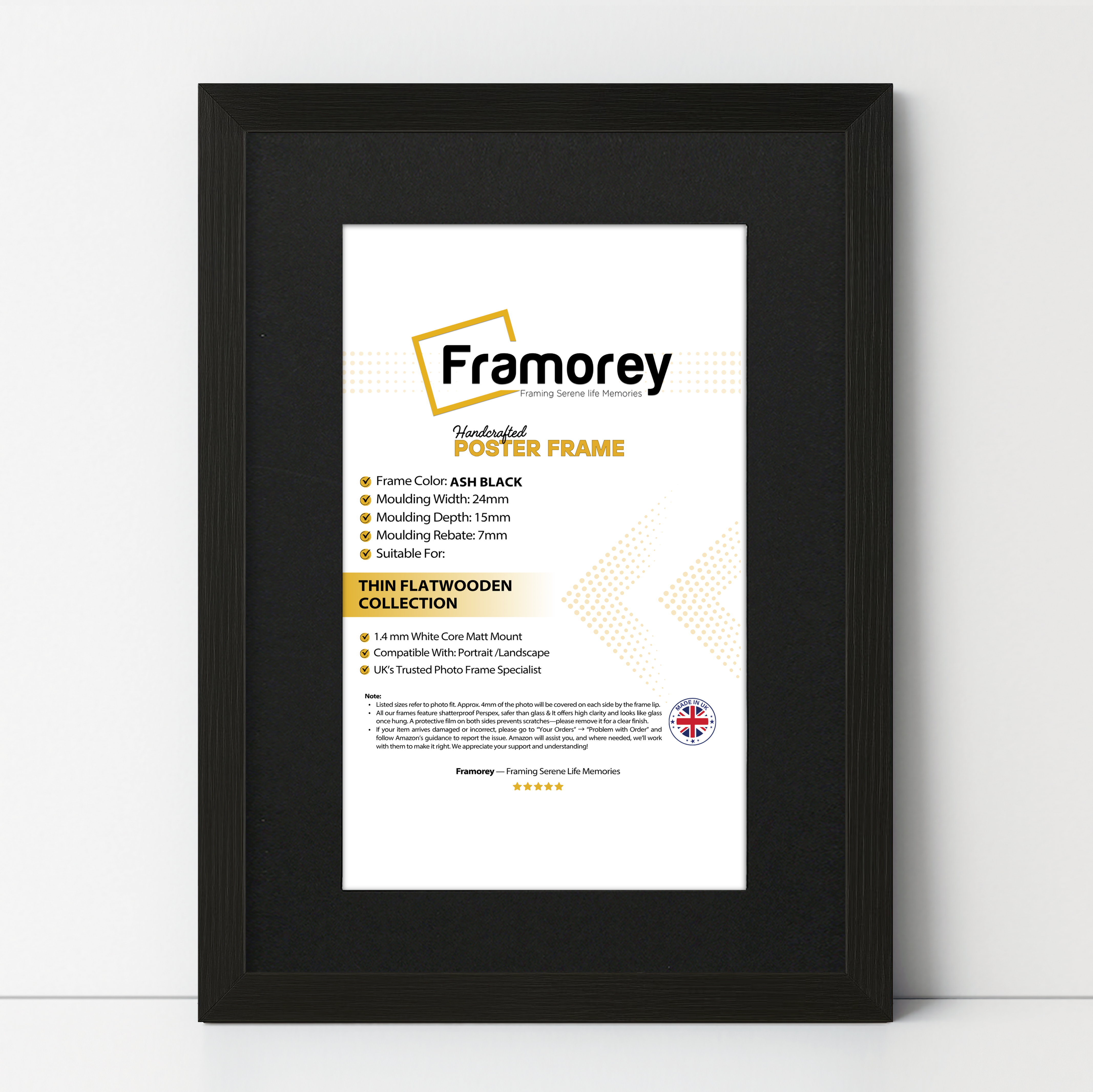 Flat Black Picture Photo Frame Wall Art Poster Frame With Black Mount