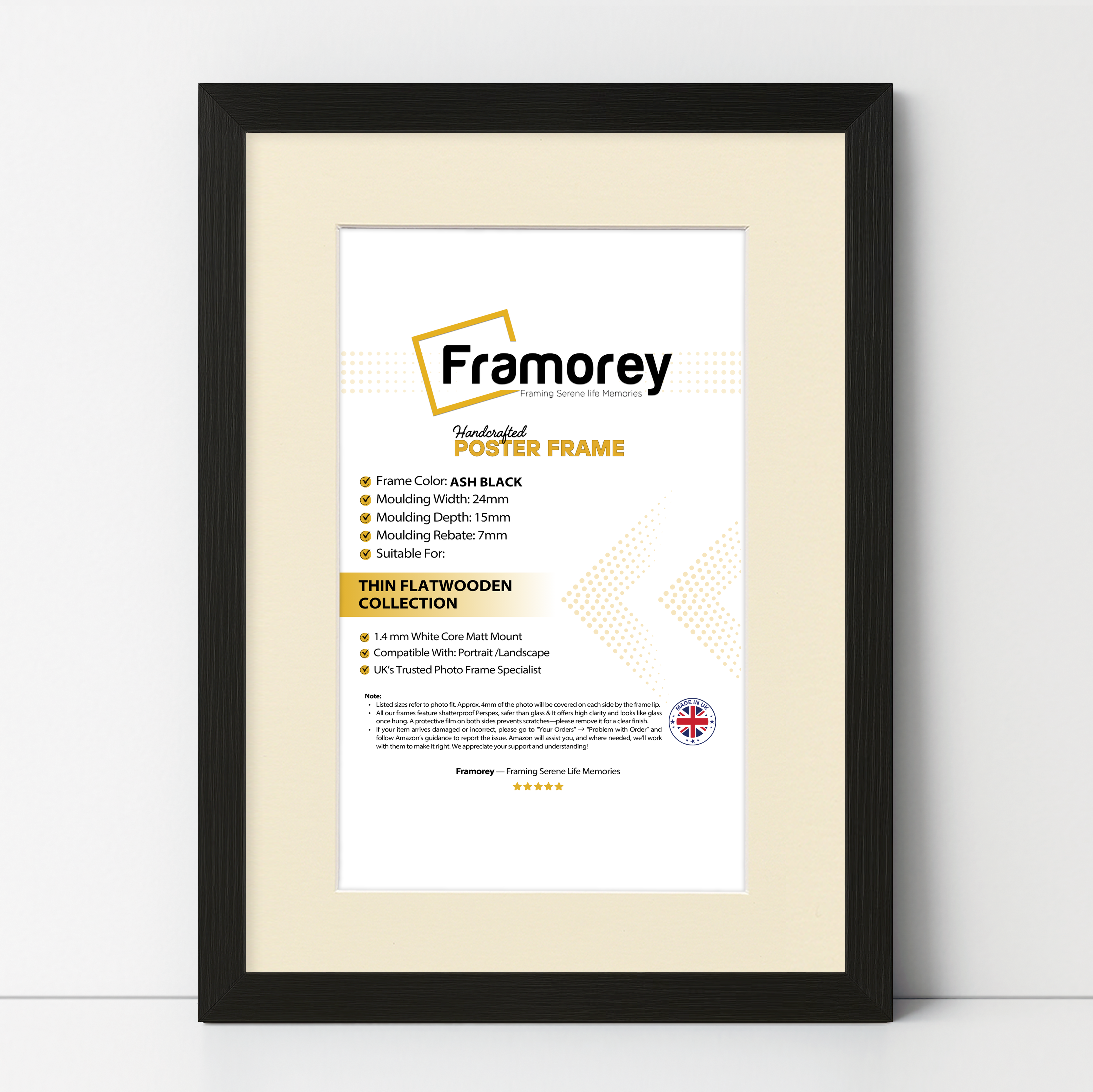 Flat Black Picture Photo Frame Wall Art Poster Frame With Ivory Mount