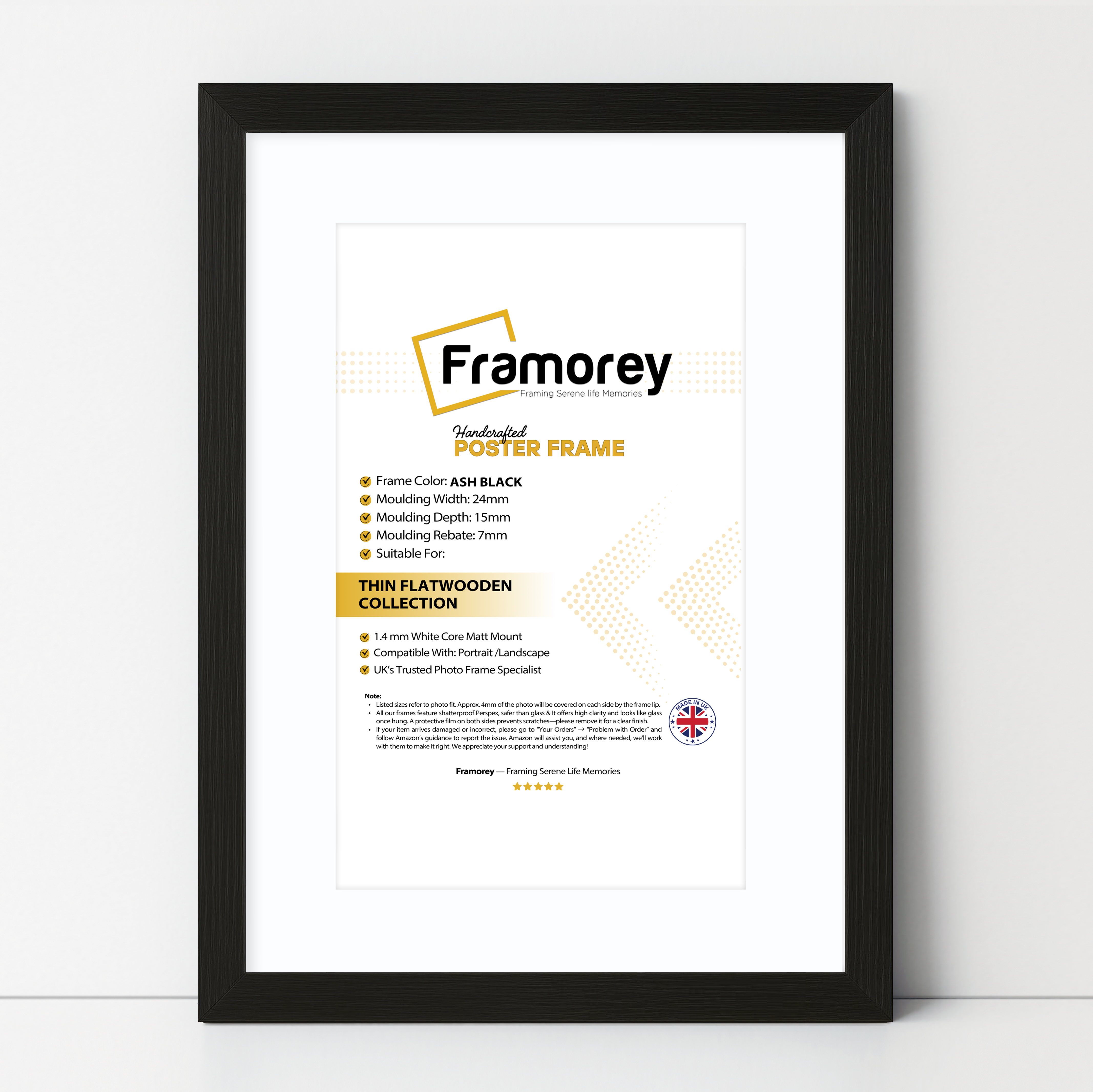 Flat Black Picture Photo Frame Wall Art Poster Frame With White Mount