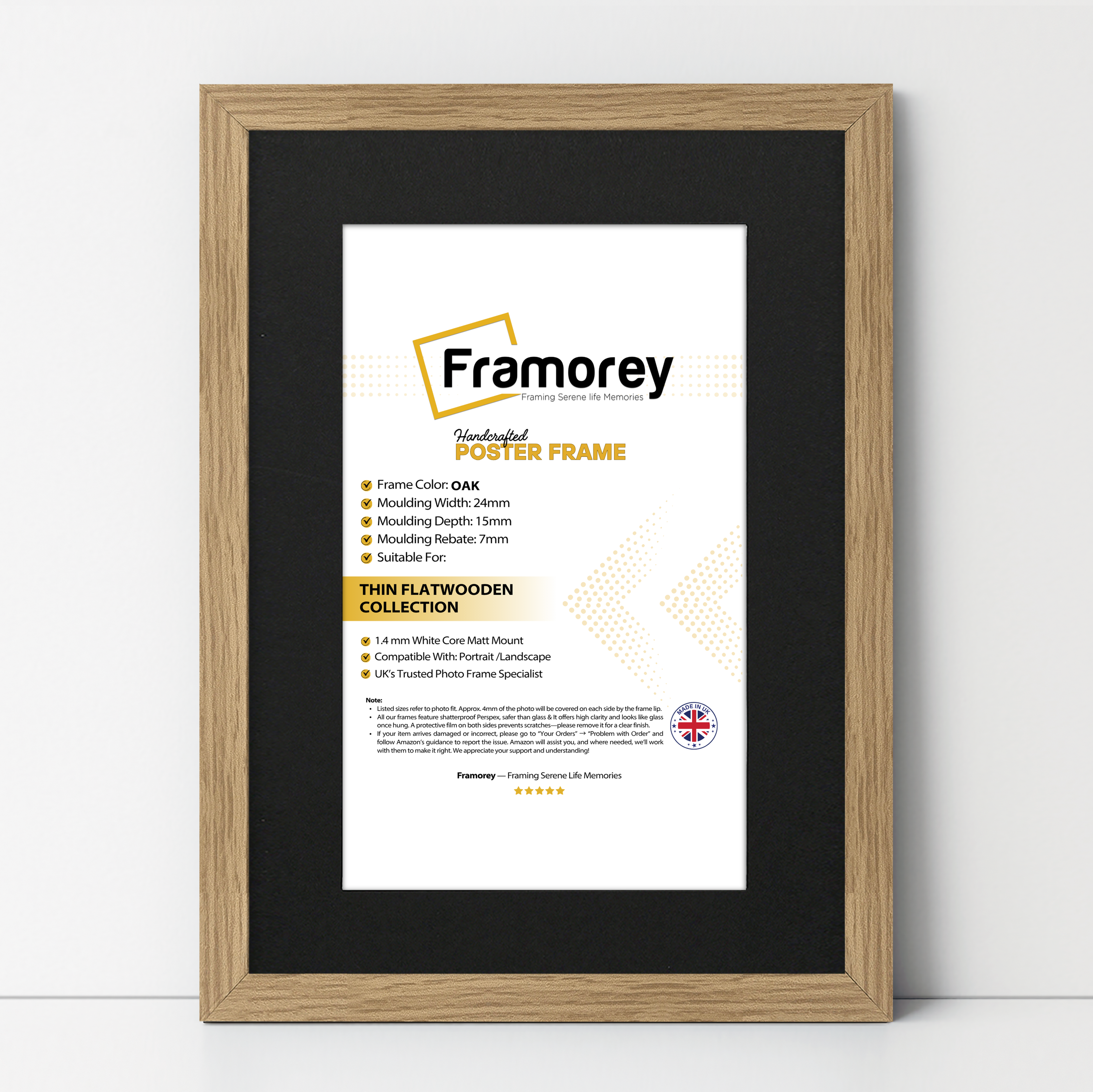 Flat Oak Picture Photo Frame Wall Art Poster Frame With Black Mount