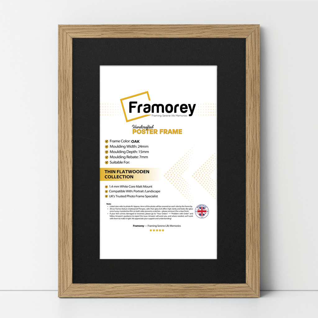 Flat Oak Picture Photo Frame Wall Art Poster Frame With Black Mount