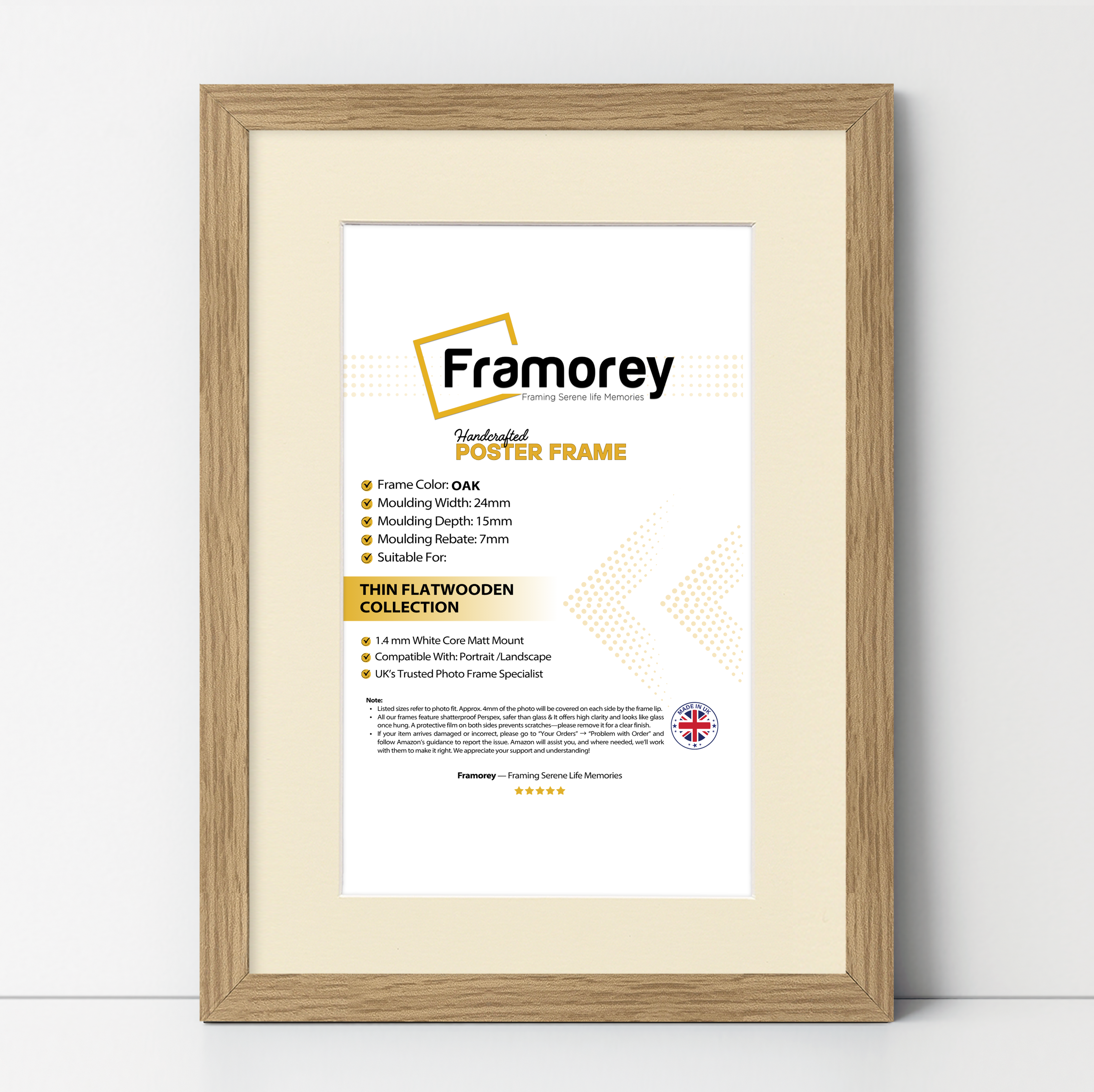 Flat Oak Picture Photo Frame Wall Art Poster Frame With Ivory Mount