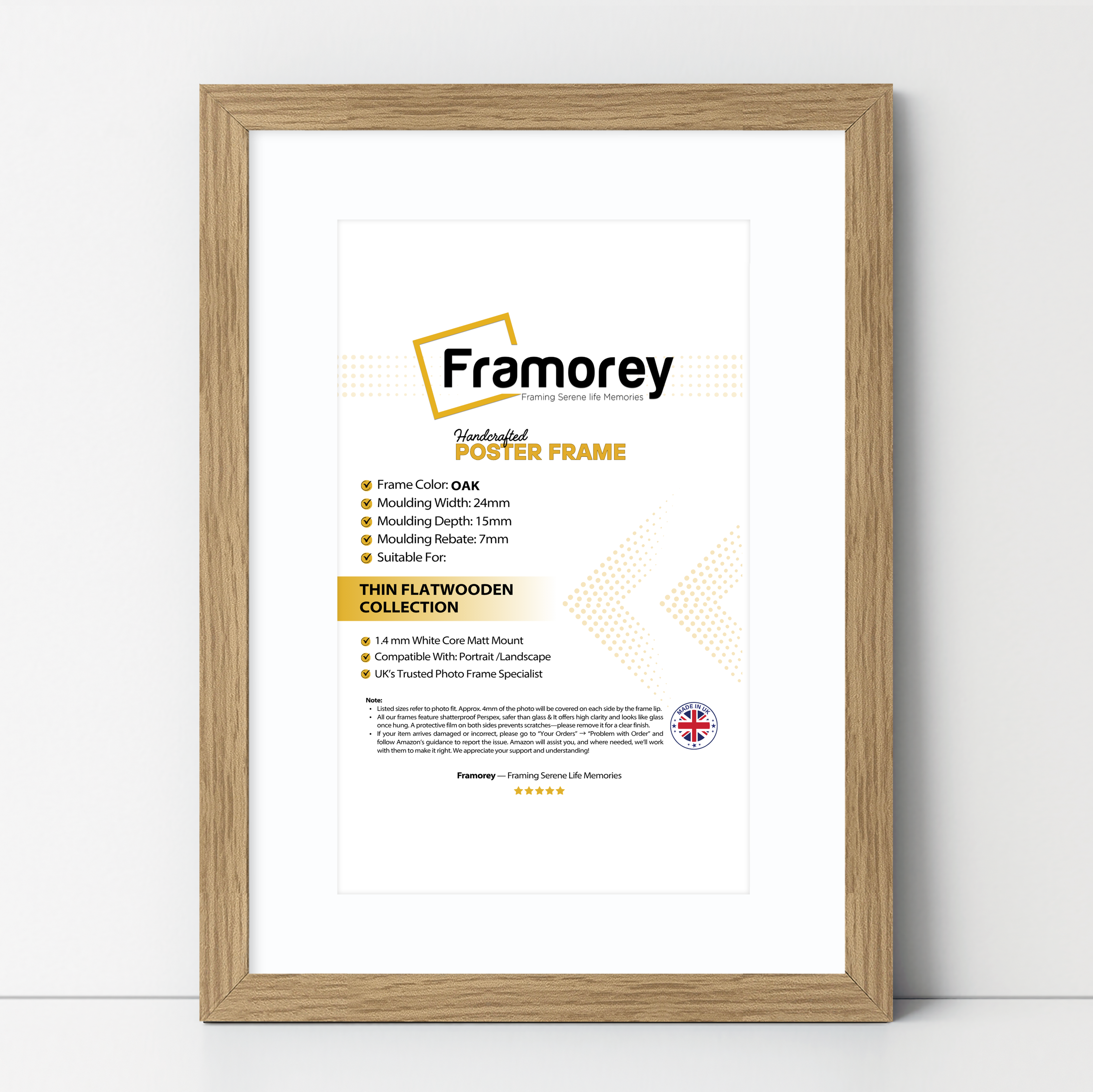 Flat Oak Picture Photo Frame Wall Art Poster Frame With White Mount