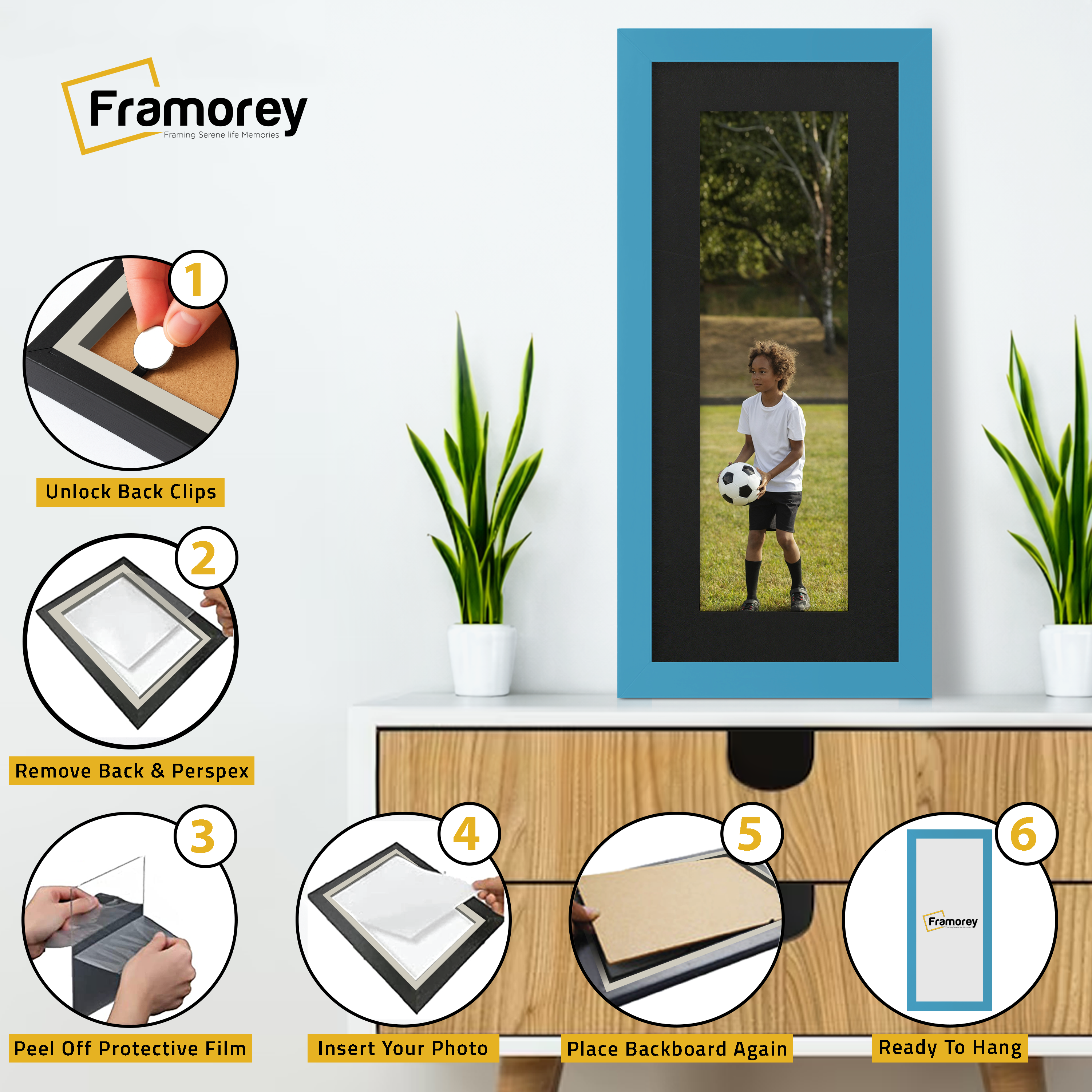 Panoramic Blue Picture Frame With Black Mount Wall Decor Frame