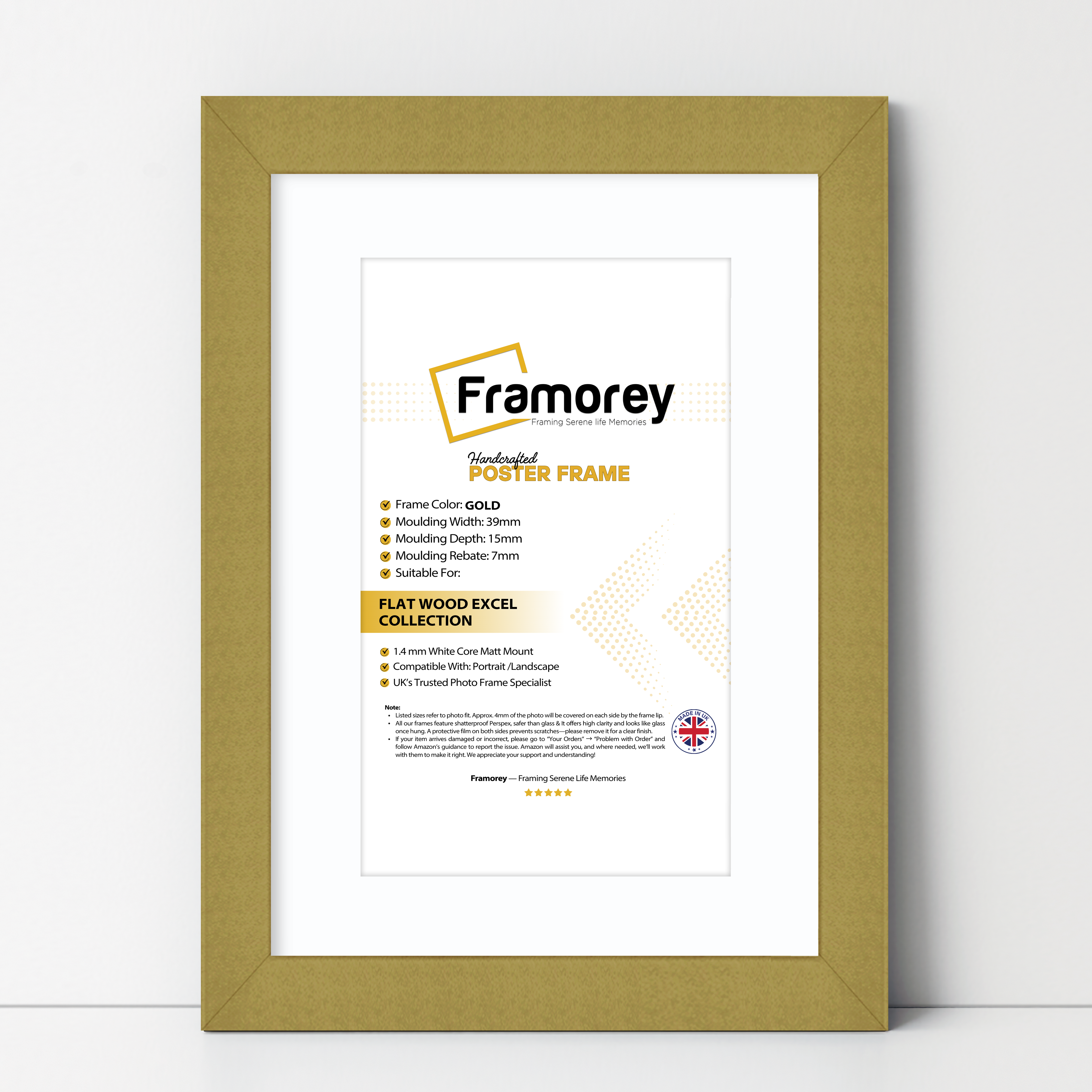 Gold Picture Frames Handmade Wooden Effect Photo Frames With White Mount