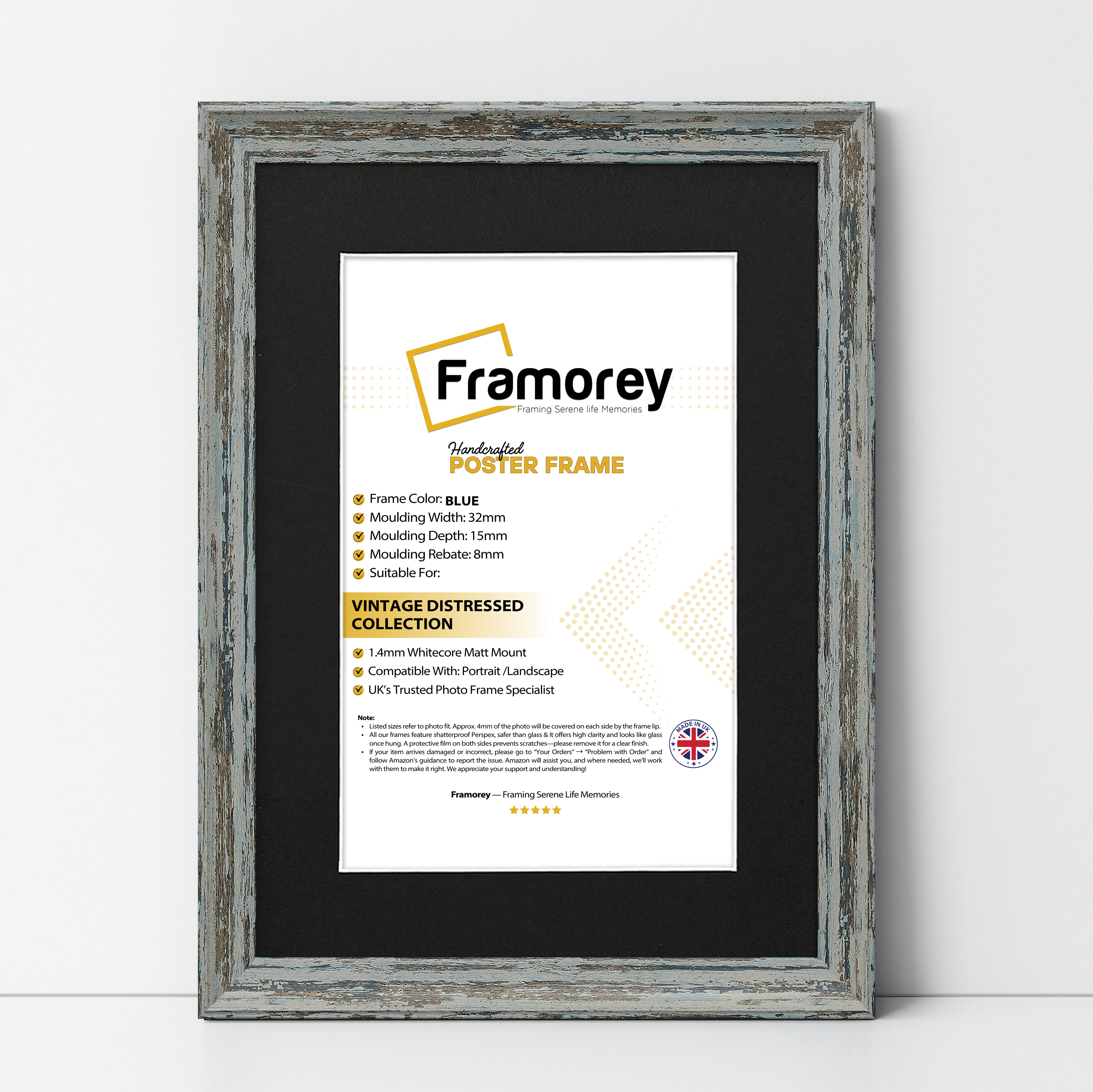 Vintage Distressed Blue Photo Frames Wall Art Frame With Black Mount