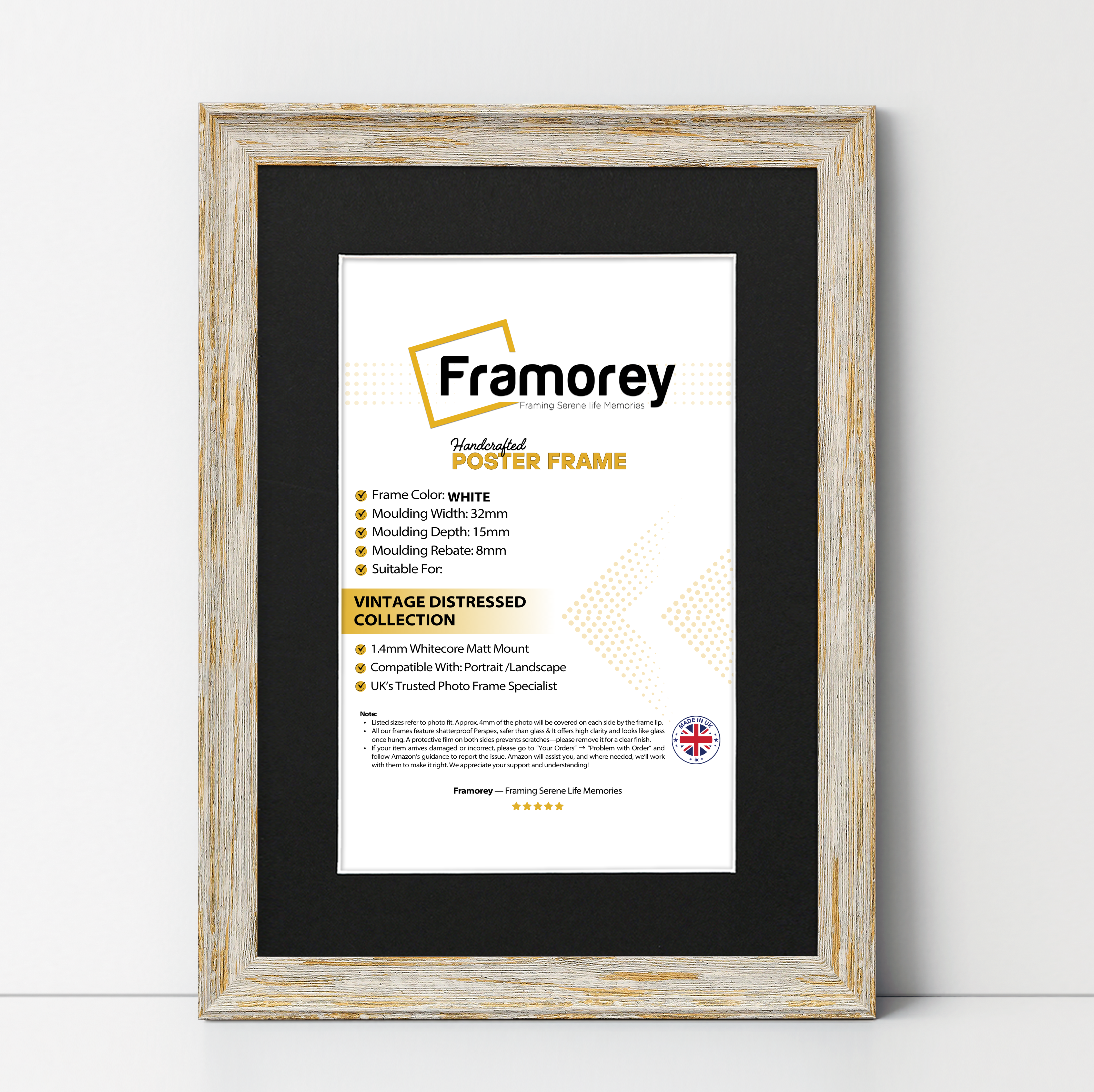 Vintage Distressed White Photo Frames Wall Art Frame With Black Mount