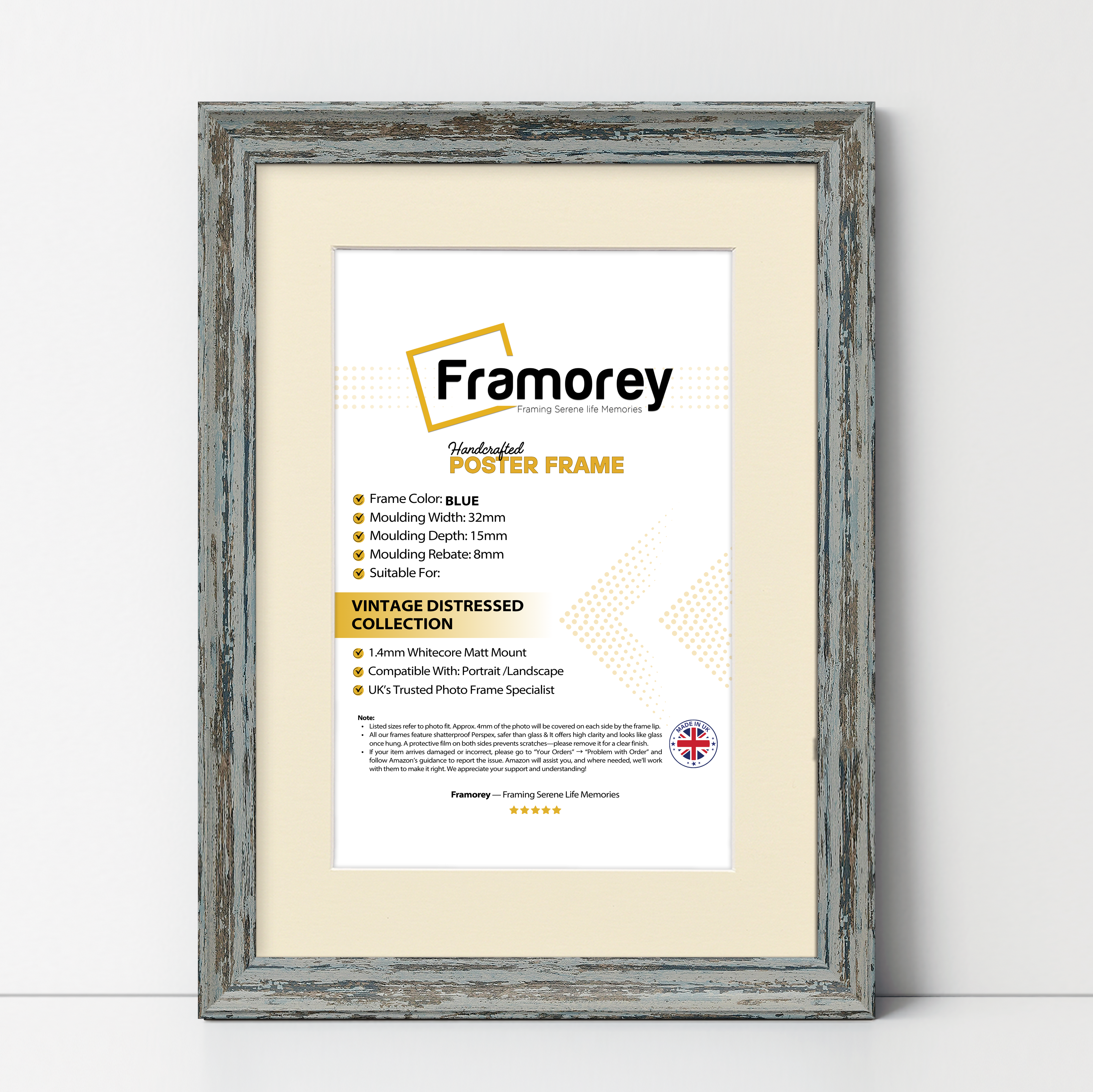 Vintage Distressed Blue Photo Frames Wall Art Frame With Ivory Mount