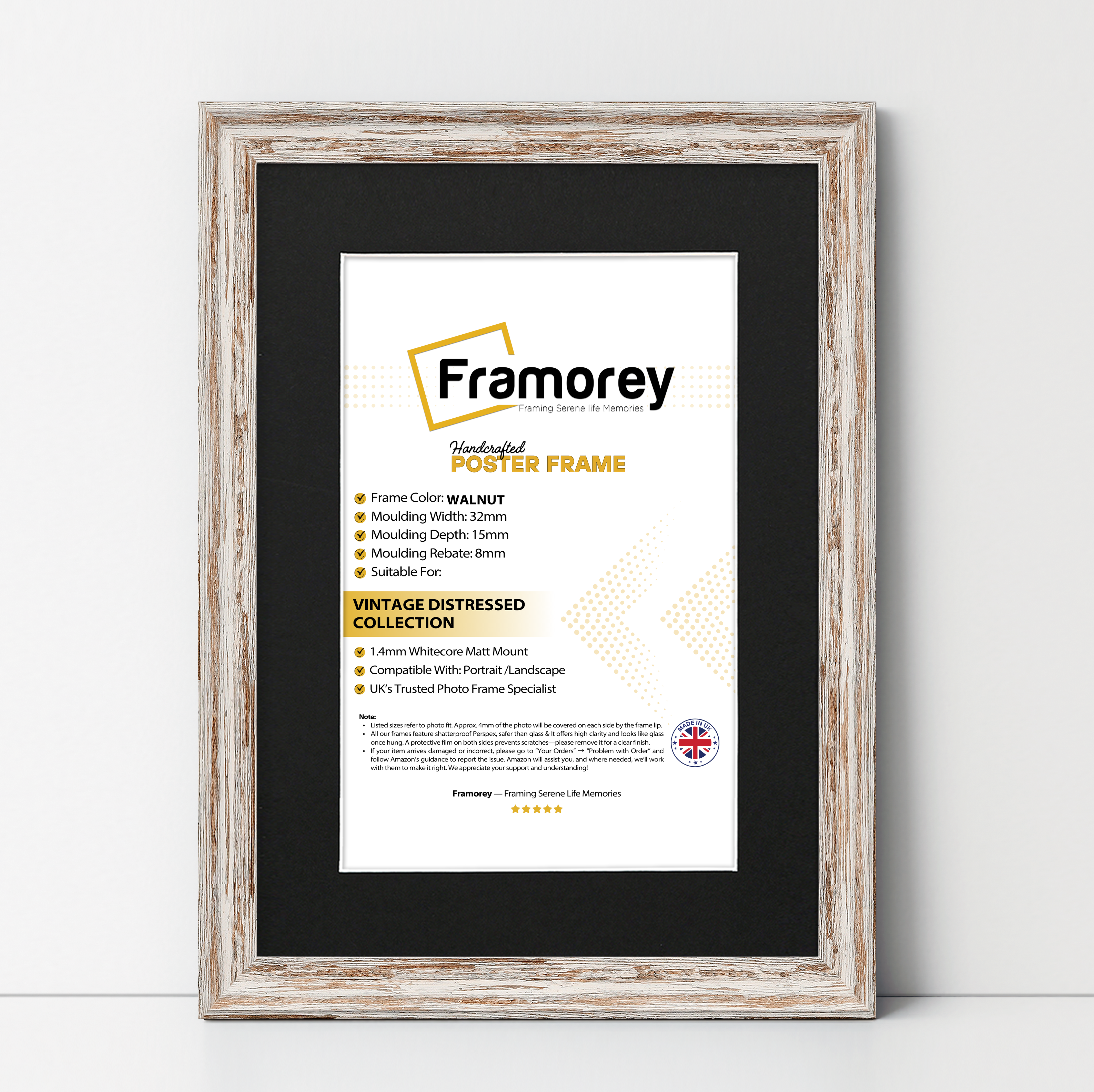 Vintage Distressed Walnut Photo Frames Wall Art Frame With Black Mount