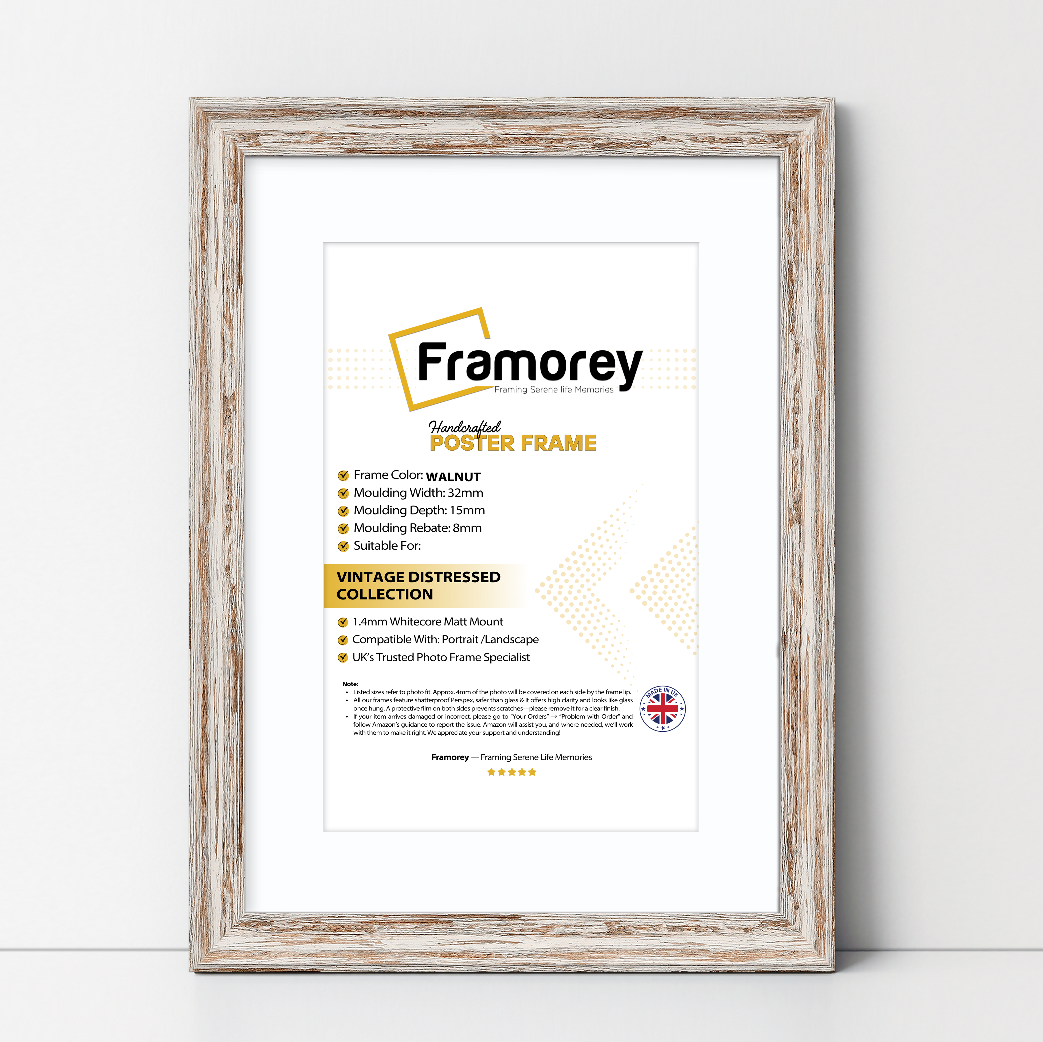 Vintage Distressed Walnut Photo Frames Wall Art Frame With White Mount