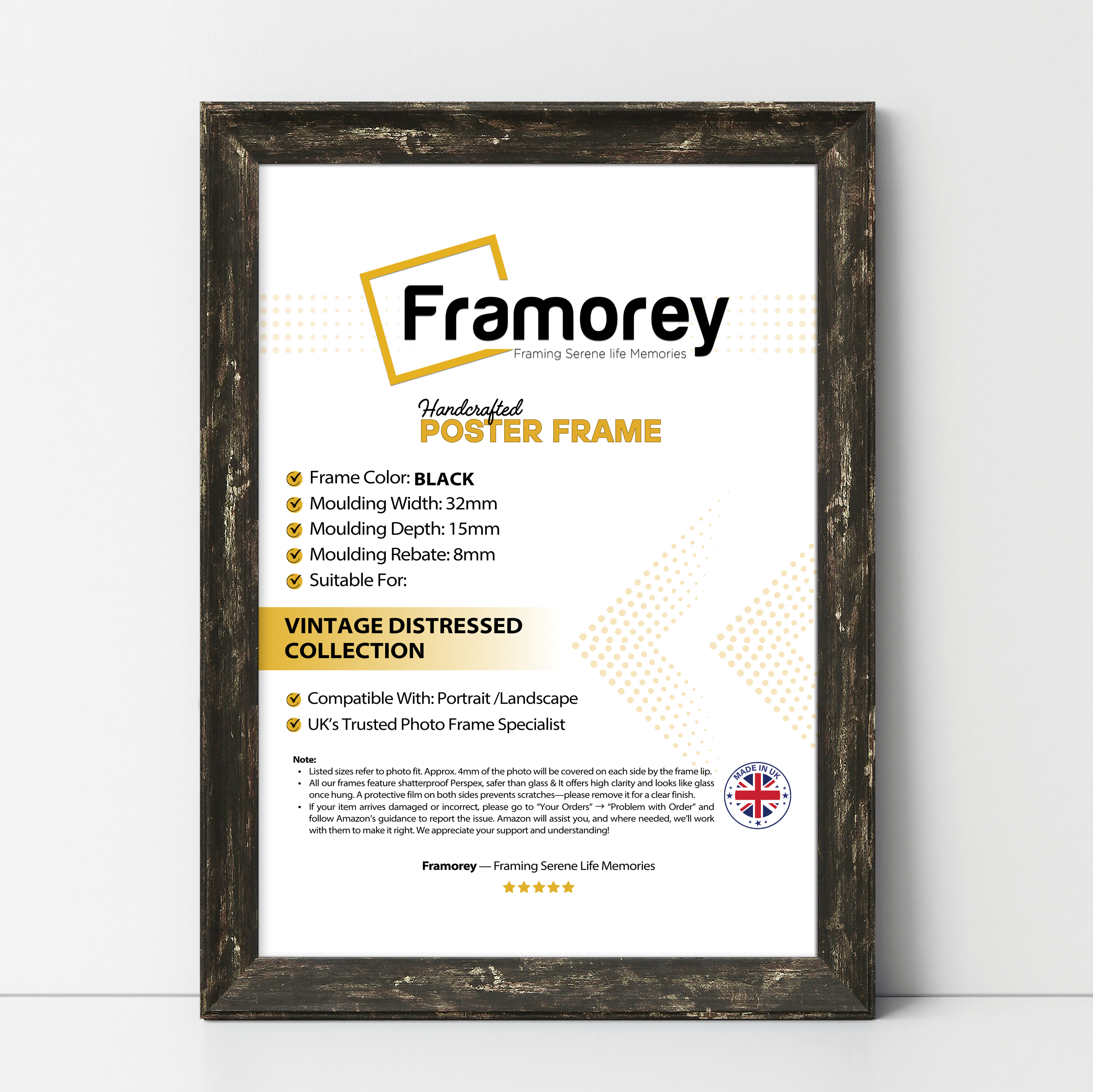 Front view of a vintage black picture frame with distressed molding and aged finish on a white background