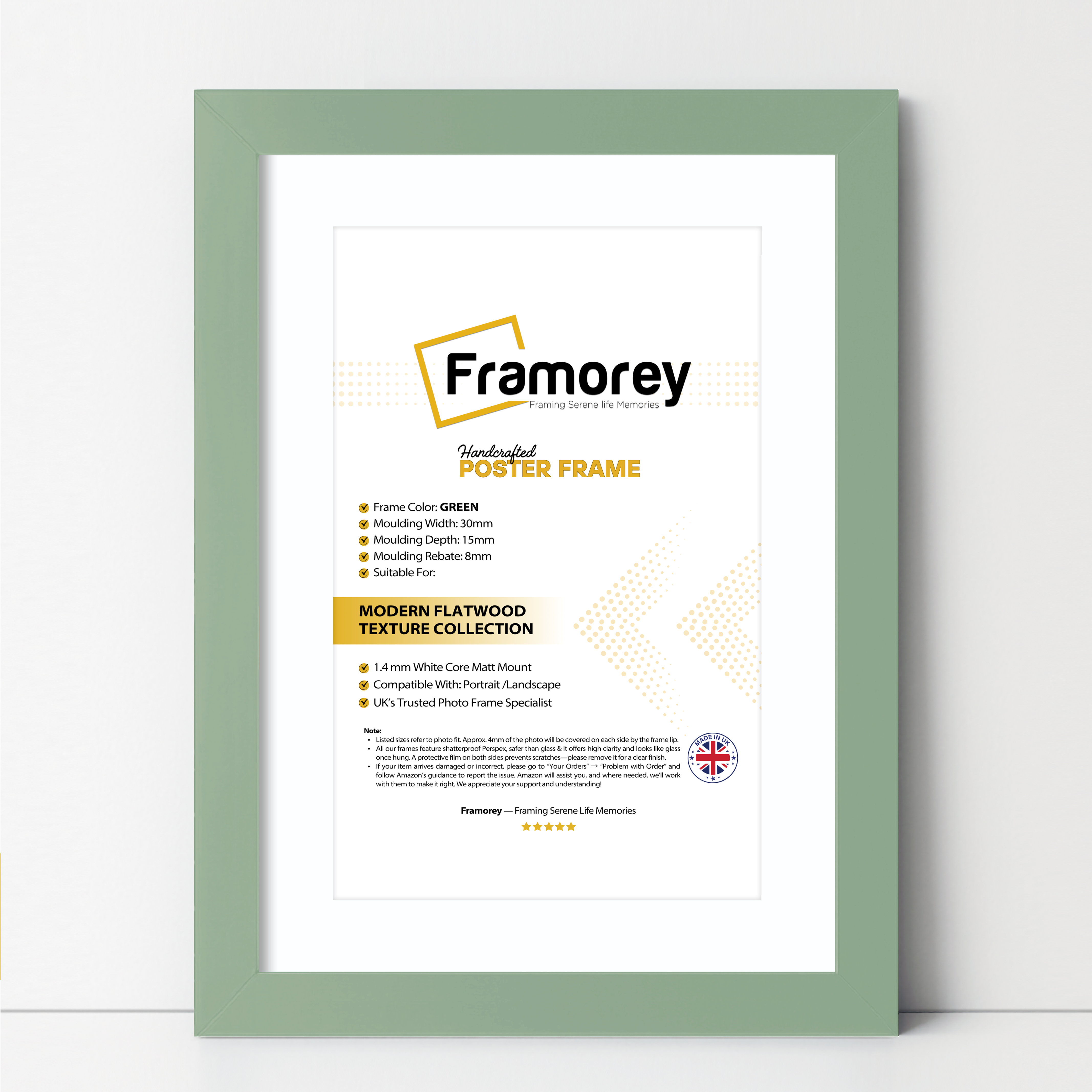 Green Photo Frame With White Mount on a wooden floor with some detail on its measurement on its right.
