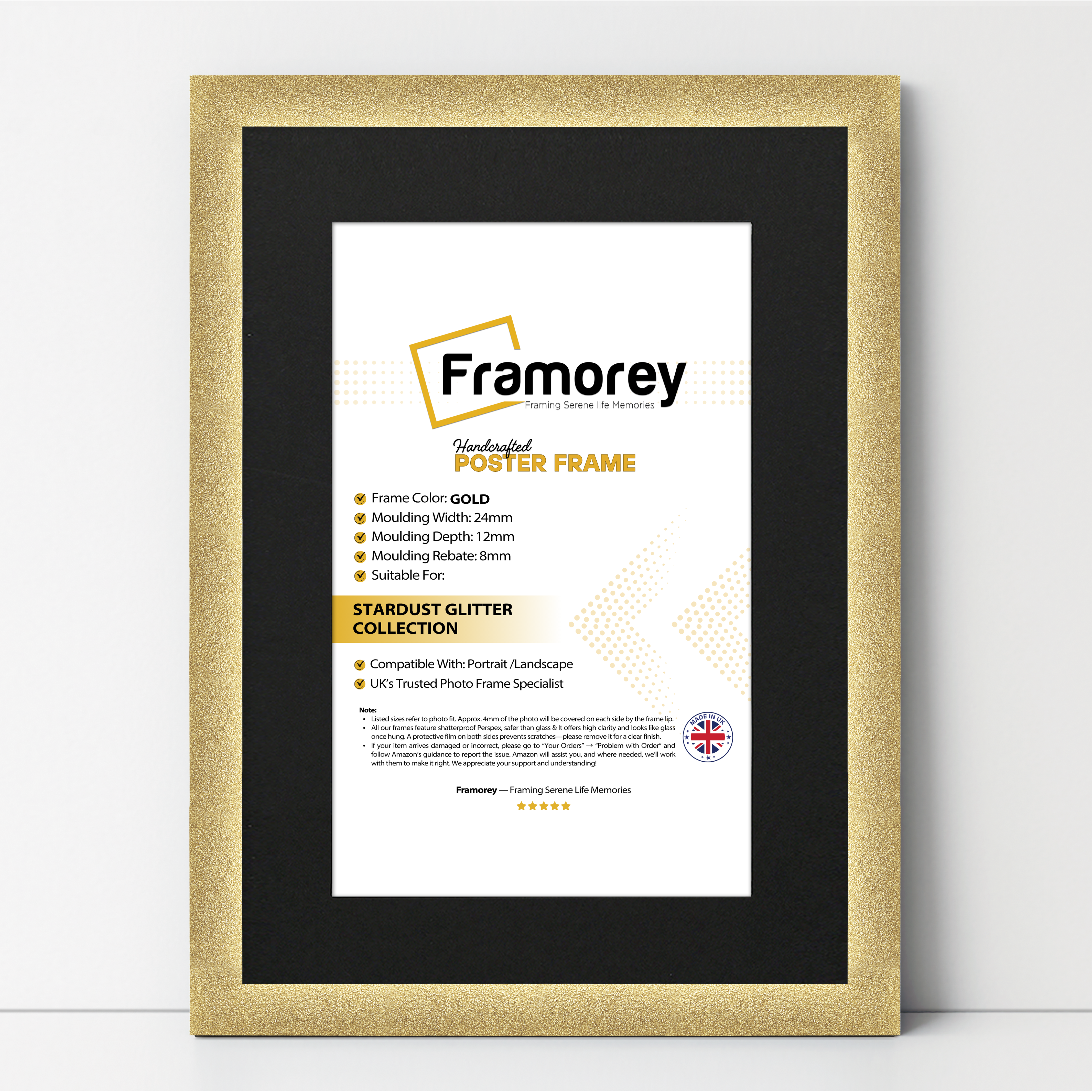 Gold Glitter photo frame With Black Mount modern picture frame for wall or desk display, stylish home décor frame ideal for prints, photos, and artwork