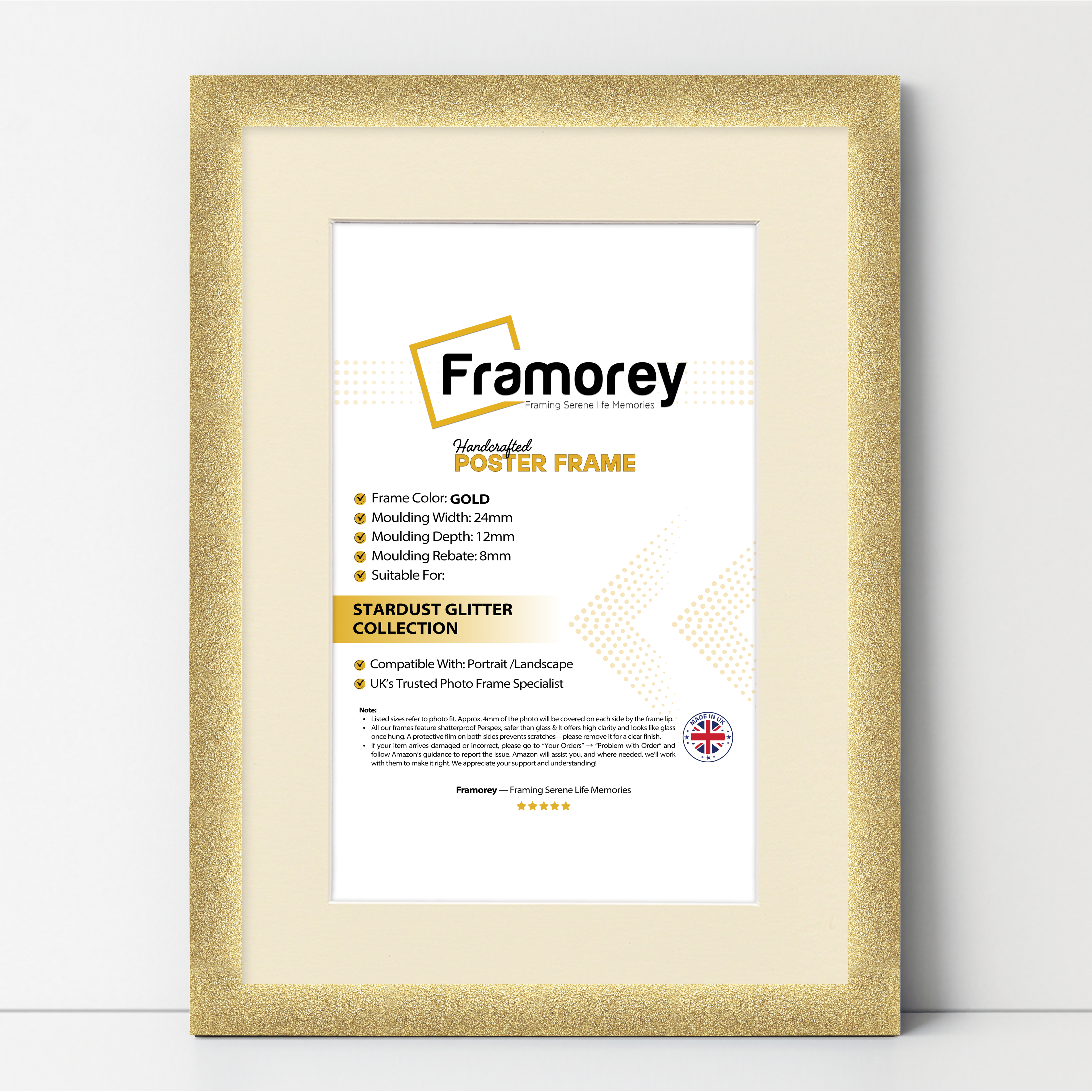 Glitter Sparkle Gold Picture Frame Photo Print Frame With Ivory Mount