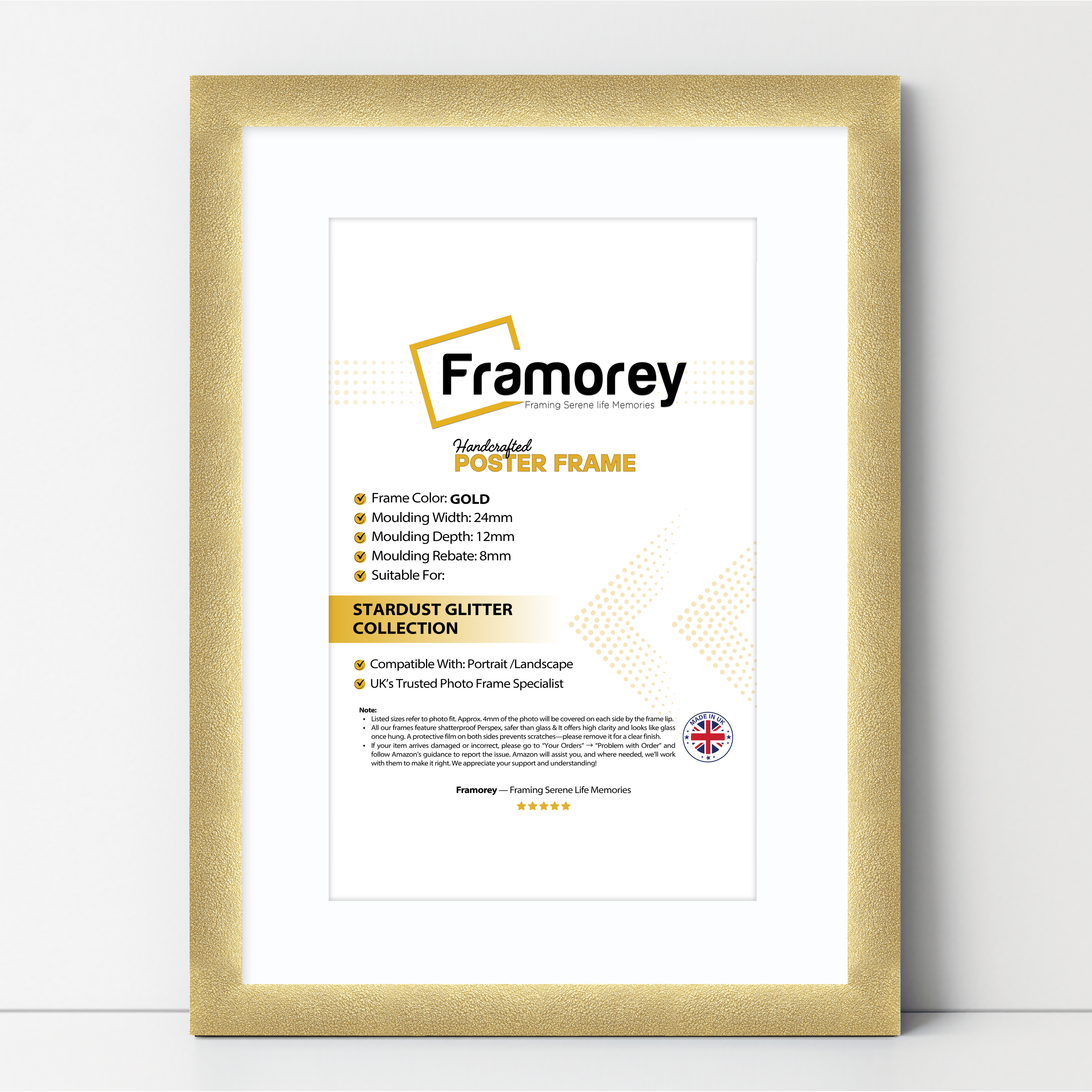 Glitter Sparkle Gold Picture Frame Photo Print Frame With White Mount