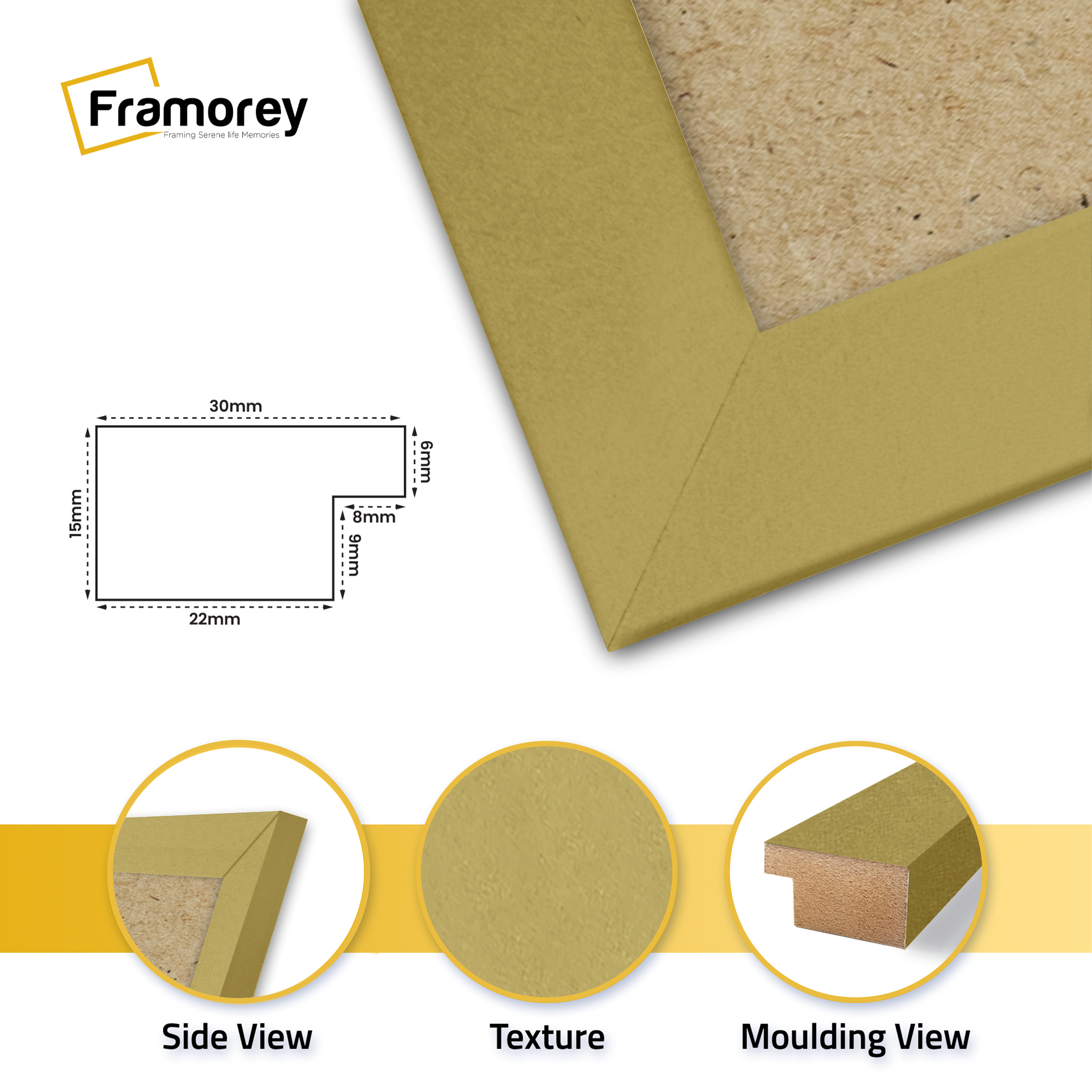 Side view of a Gold Picture Frame leaning with the wall with some highlights.