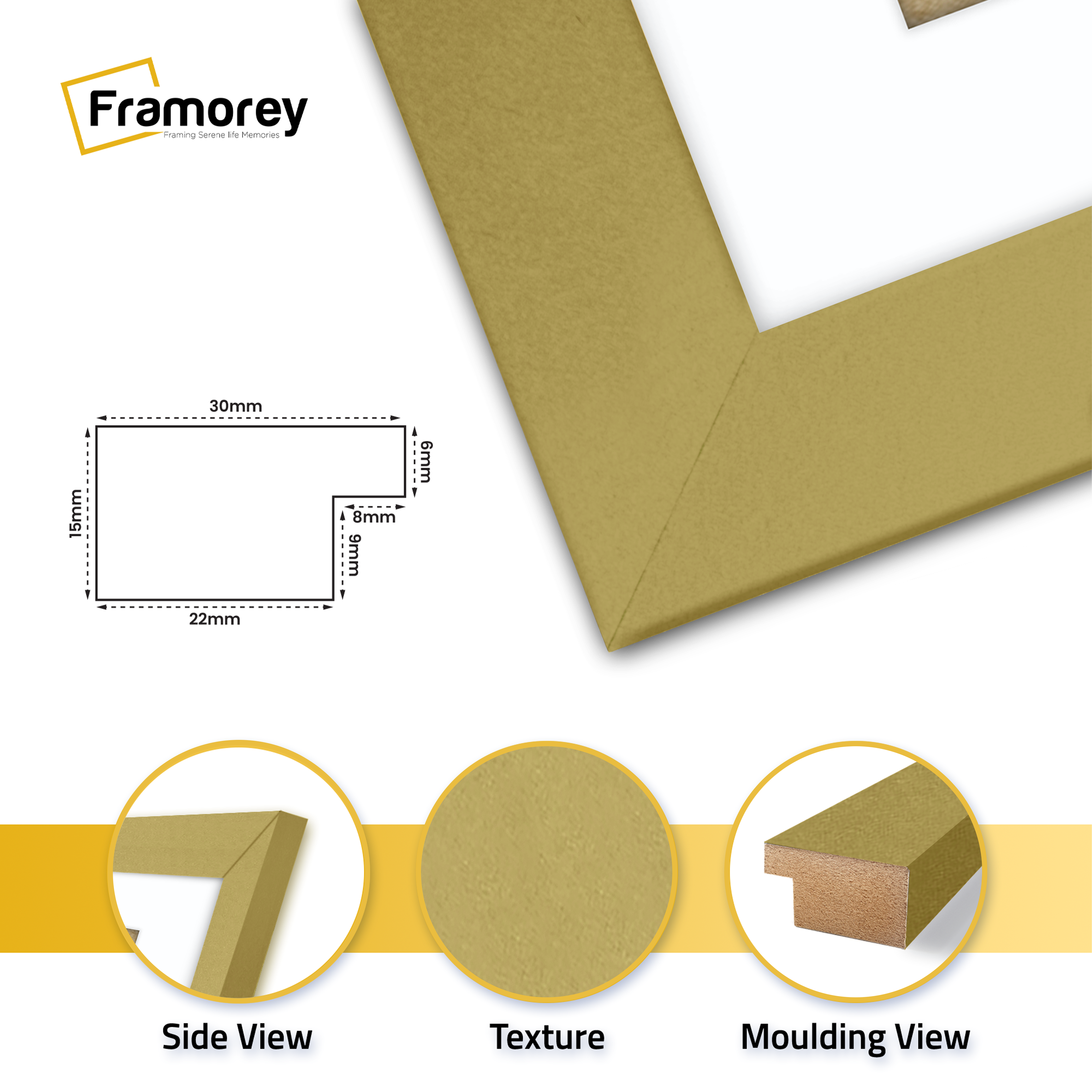 close view of gold photo frame featuring side view texture and molding view