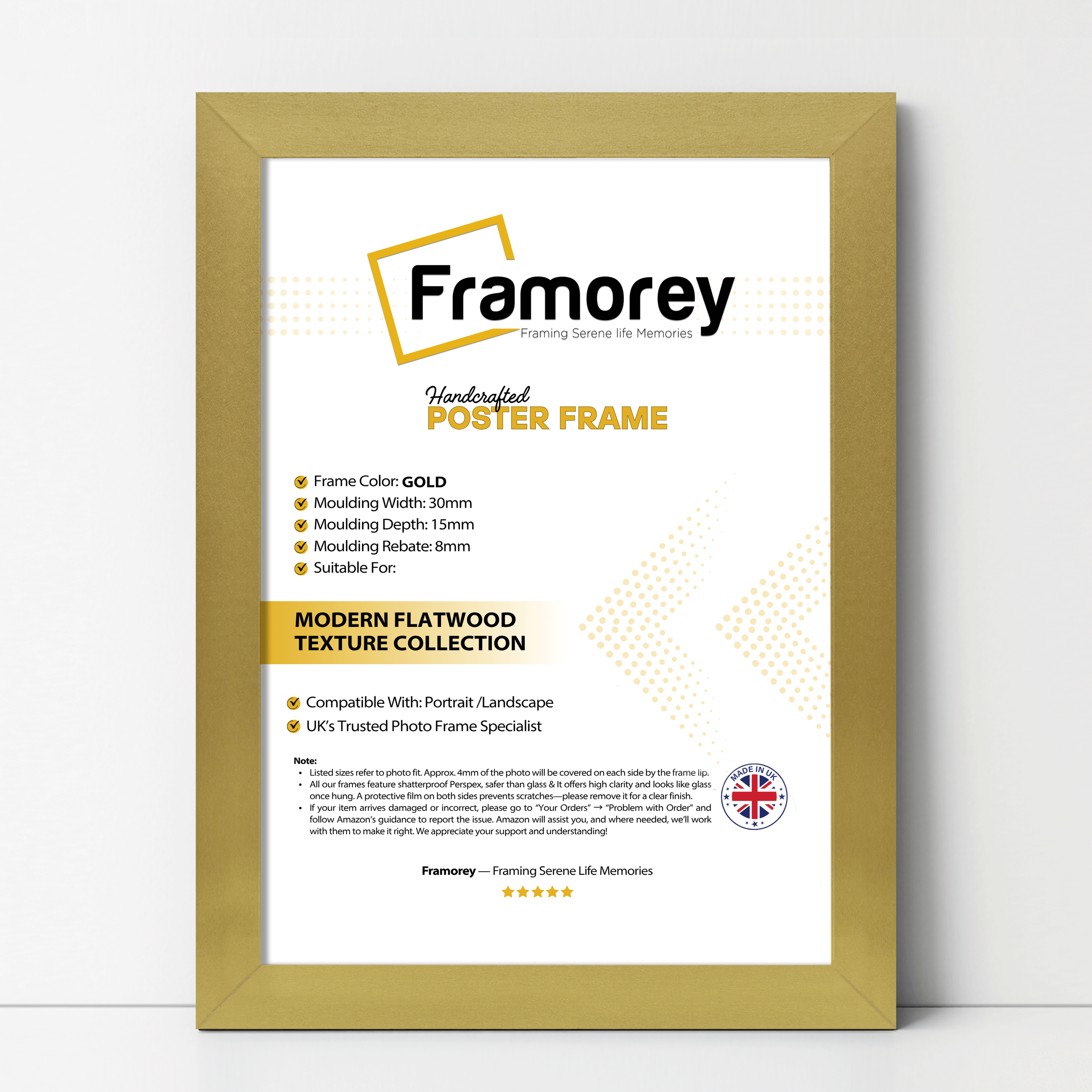 Gold Picture Frame with some details on its measurement.