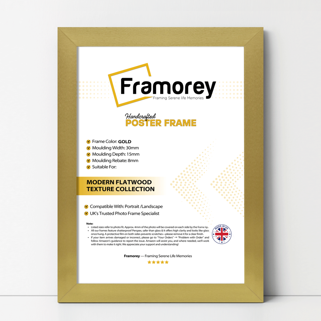 Gold Picture Frame with some details on its measurement.