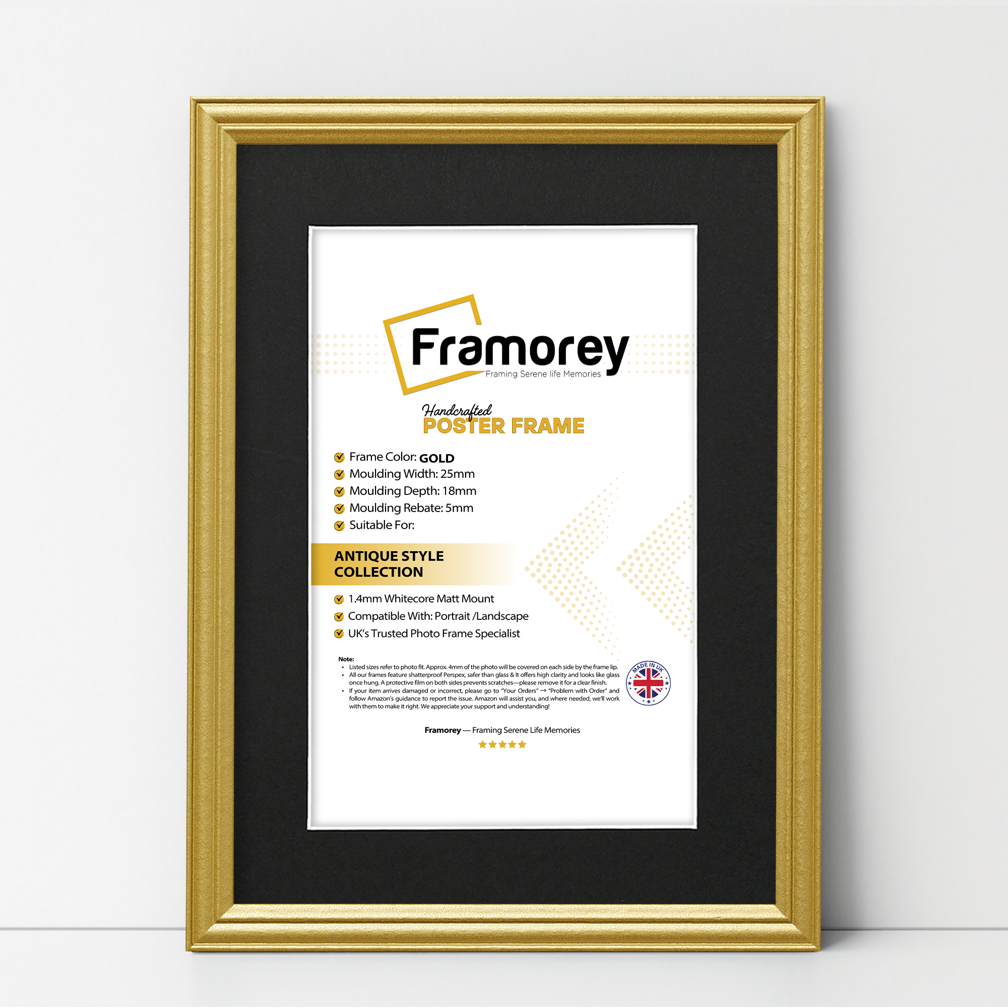 Gold antique-style poster frame with black mount, Framorey handmade picture frame for wall display