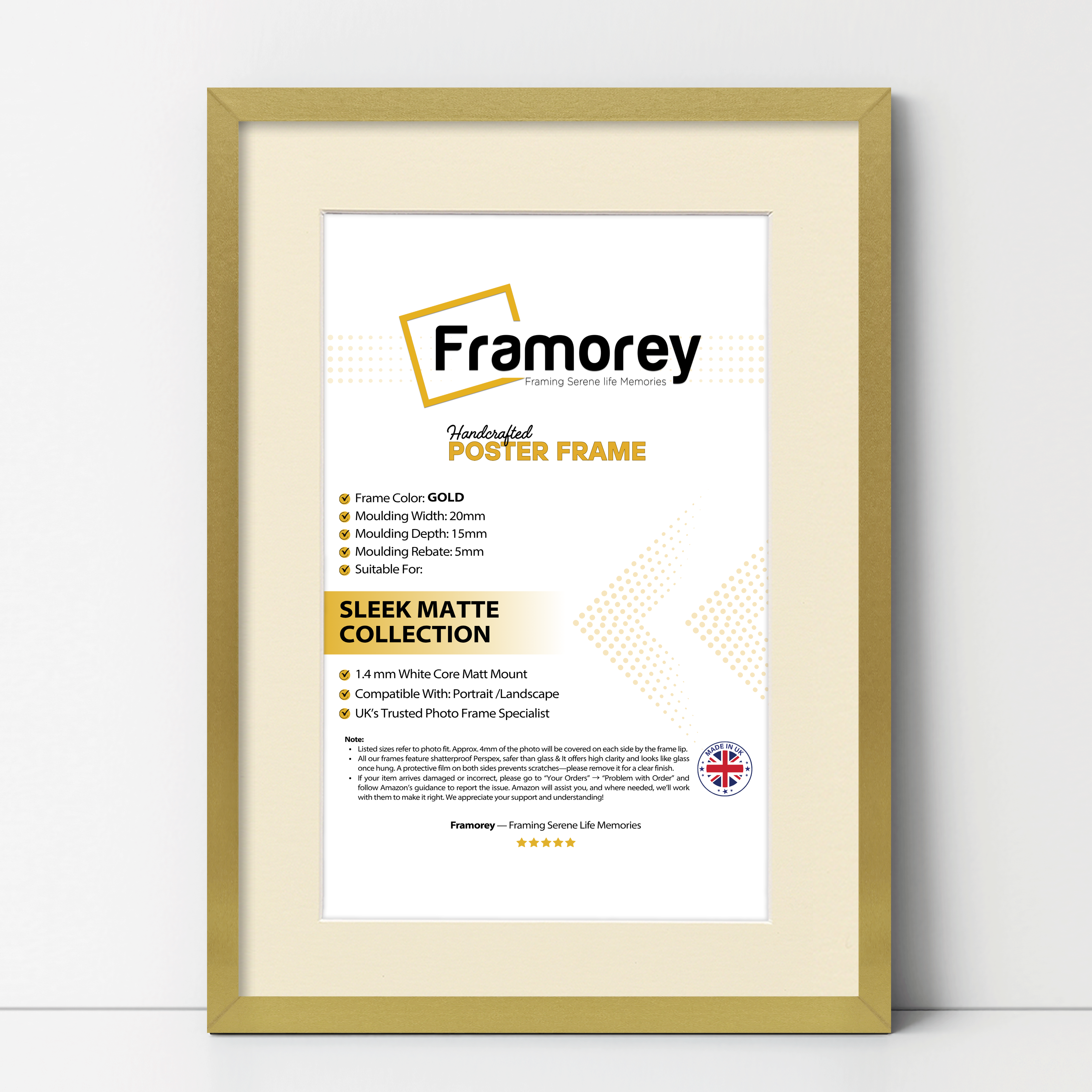 Thin Matt Gold Picture Frames with Ivory Mount