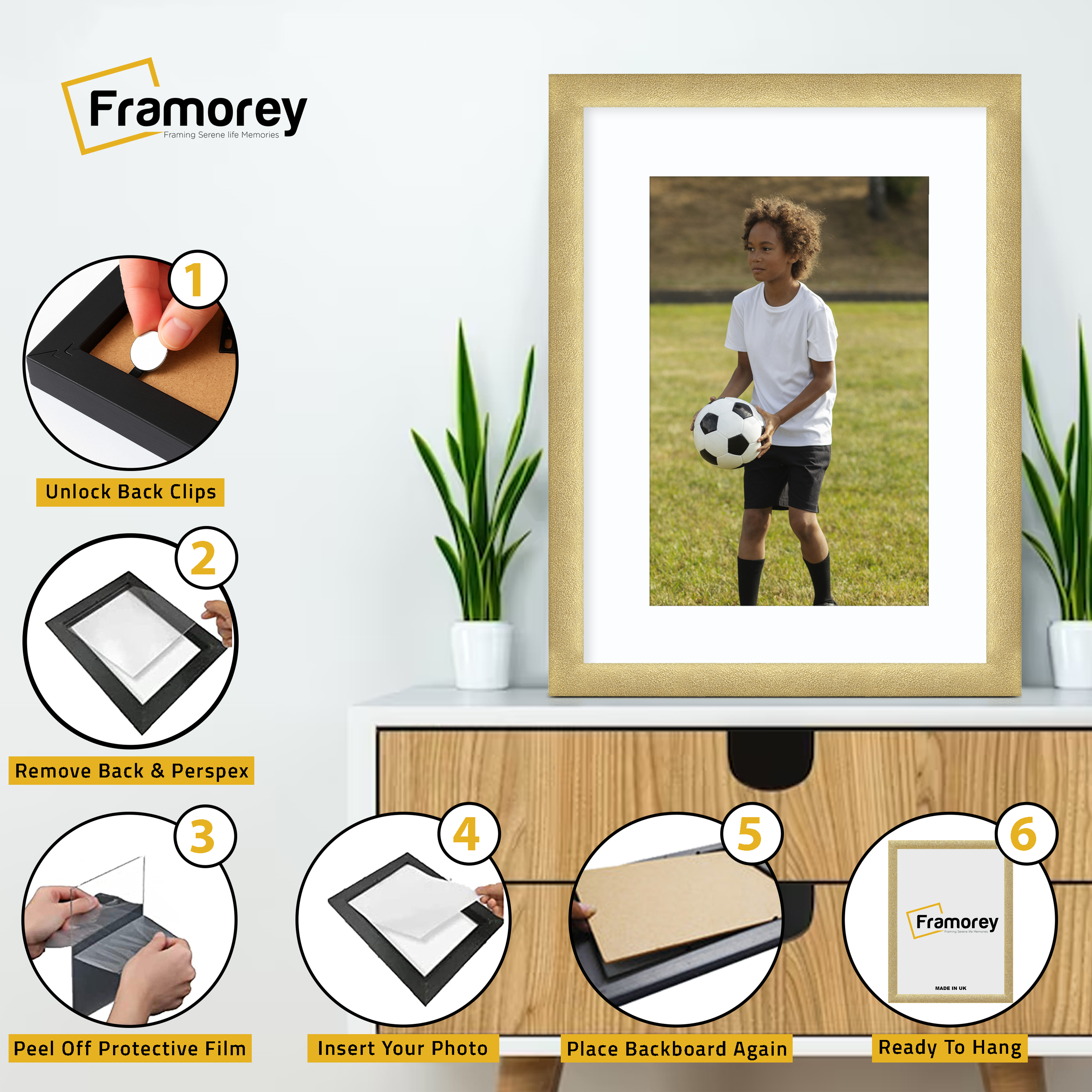 Step-by-step guide showing how to insert a photo into a Gold picture frame