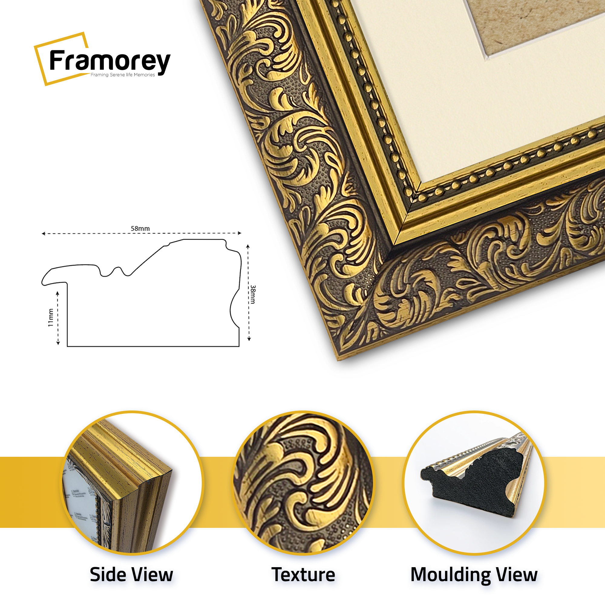 Side view of a Gold Picture Frame with white mount with some highlights on its material.